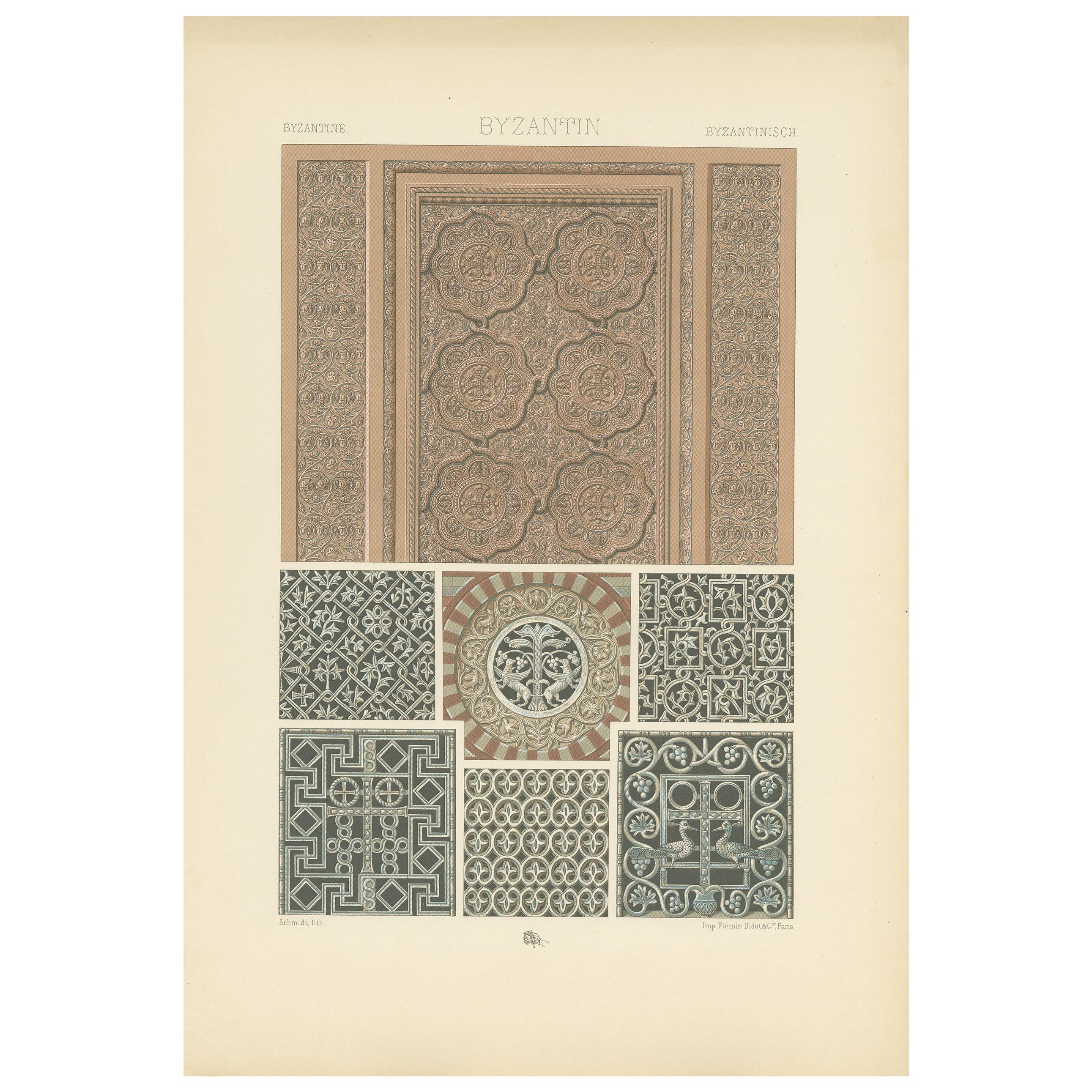 Pl. 40 Antique Print of Byzantine Architectural Motifs  by Racinet, circa 1890 For Sale