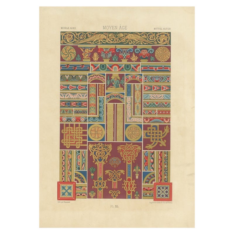 Impression ancienne Pl. 40 d'œuvres d'art décoratif au Moyen Âge par Racinet, 1869