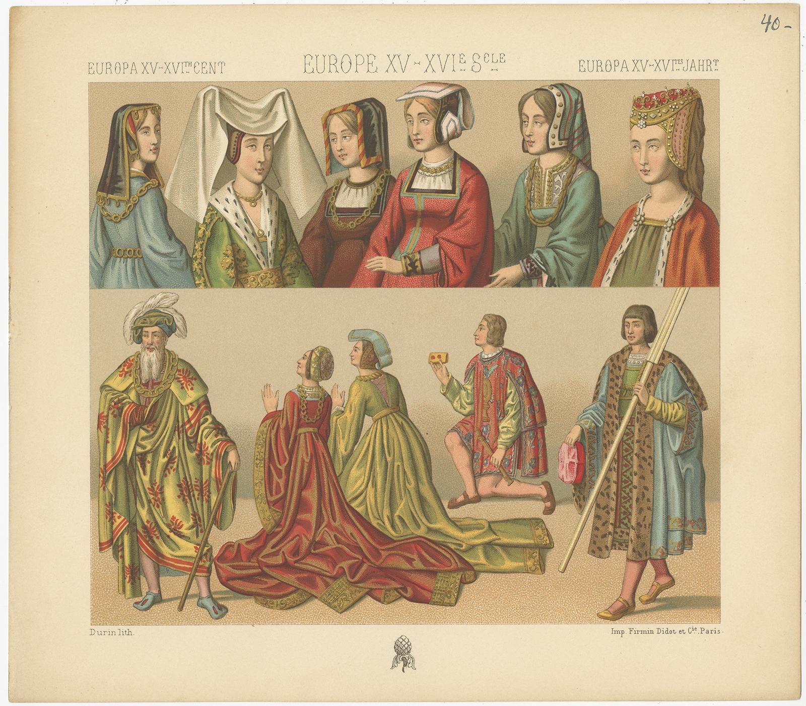 Antique print titled 'Europa XV-XVIth Cent - Europe XV-XVIe, Sele - Europa XV-XVItes Jahr'. Chromolithograph of European 15th-16th century costumes. This print originates from 'Le Costume Historique' by M.A. Racinet. Published, circa 1880.
