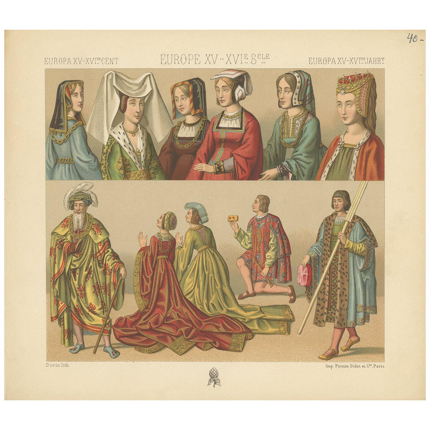 Pl 40 Antique Print of European 15th-16th Century Costumes by Racinet For Sale