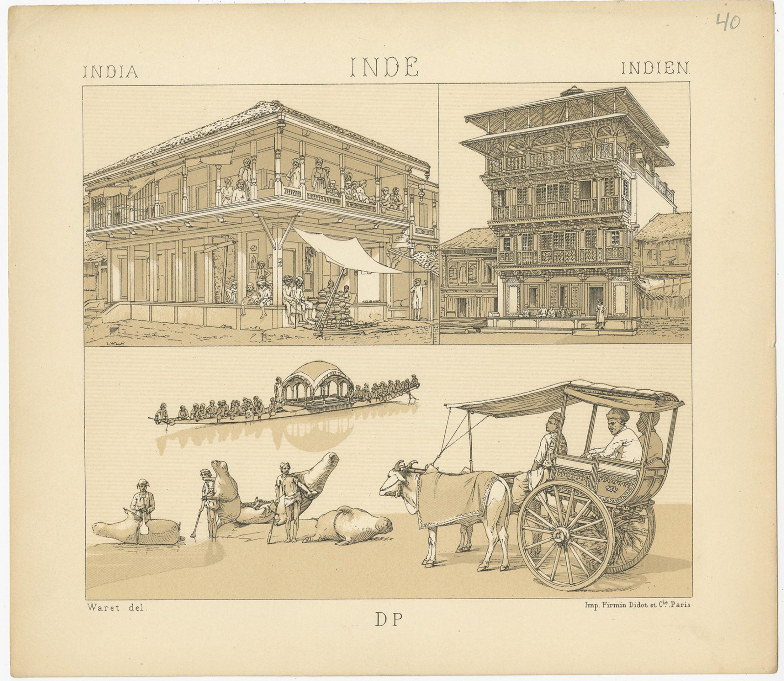 Antique print titled 'India - Inde - Indien'. Chromolithograph of Indian Scenes. This print originates from 'Le Costume Historique' by M.A. Racinet. Published, circa 1880.
