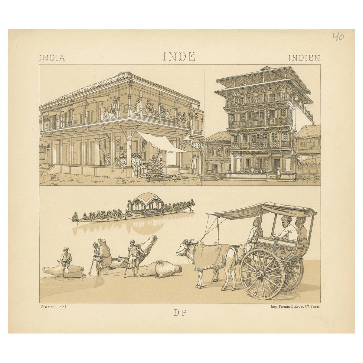 Pl. 40 Antique Print of Indian Scenes by Racinet, 'circa 1880'