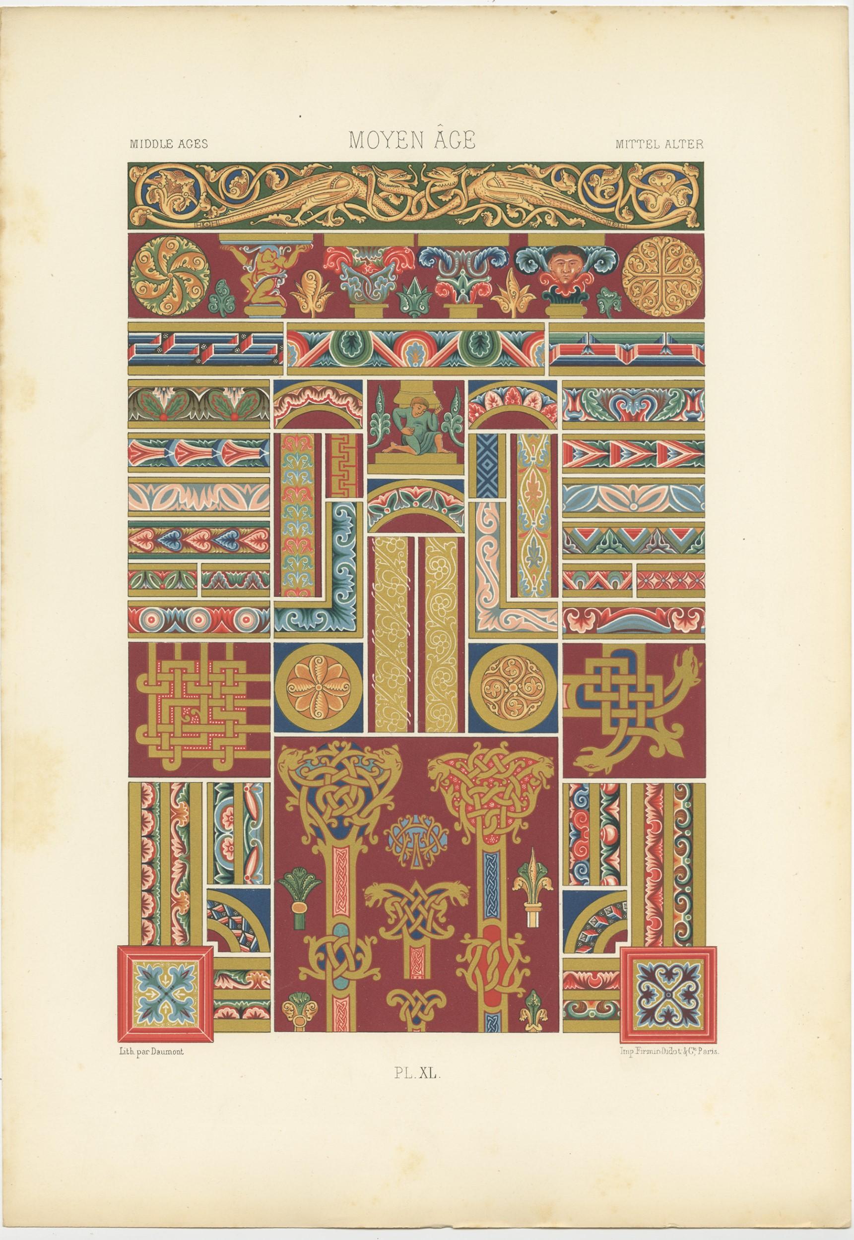 Pl. 40 Grabado antiguo de ornamentos de la Edad Media de Racinet, hacia 1890 en Bueno estado para la venta en Langweer, NL