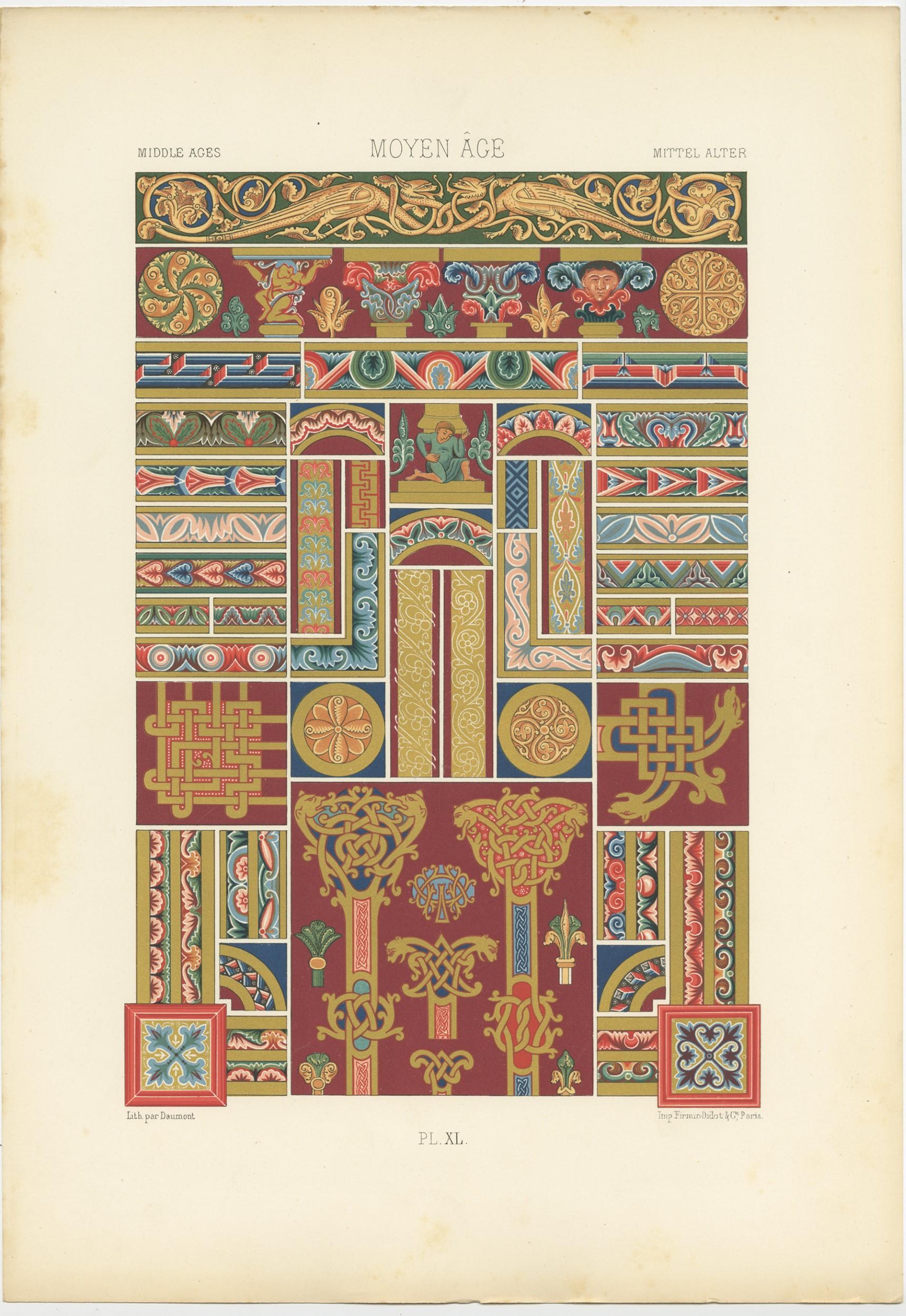 19th Century Pl. 40 Antique Print of Middle Ages Ornaments by Racinet, circa 1890 For Sale