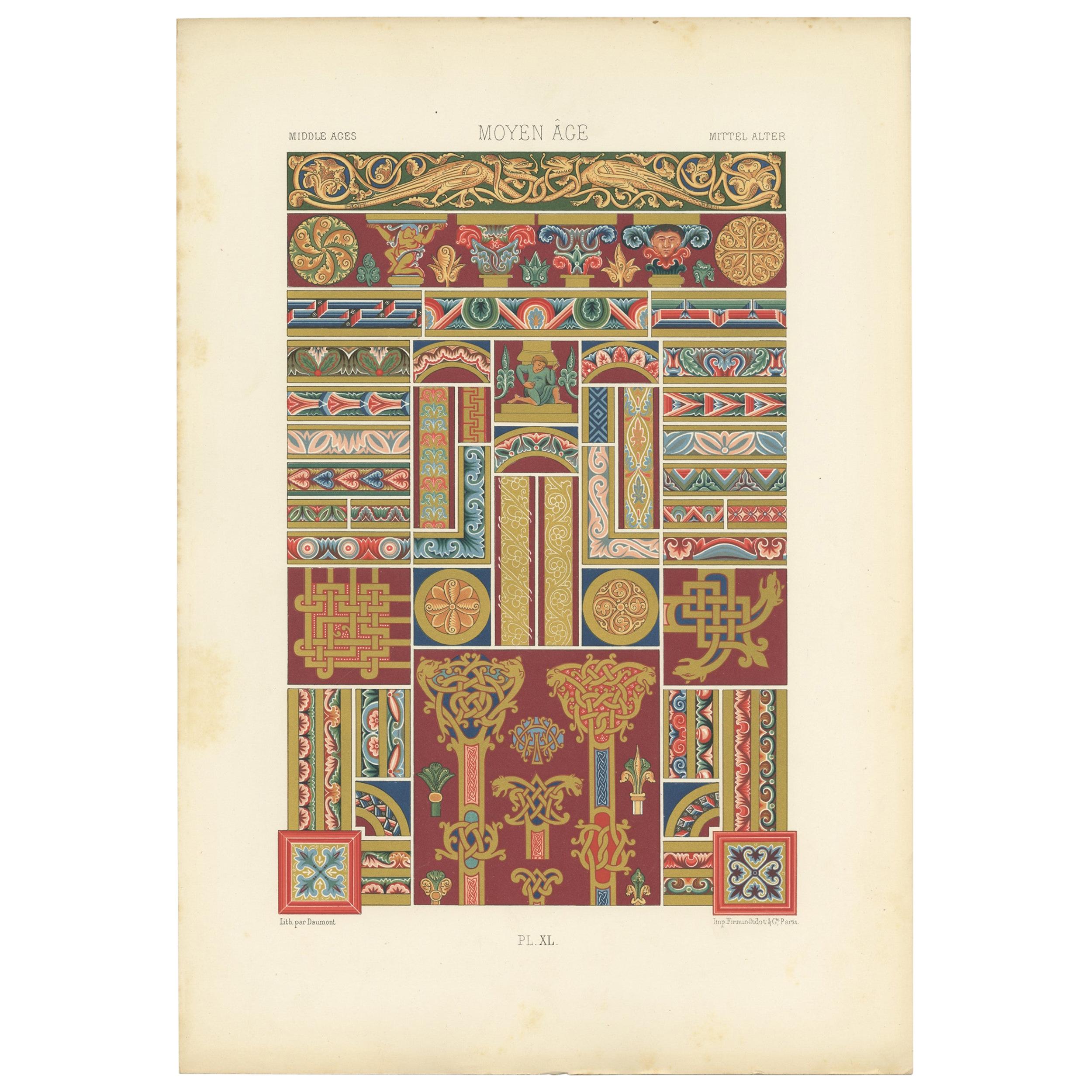 Pl. 40 Antique Print of Middle Ages Ornaments by Racinet, circa 1890 For Sale