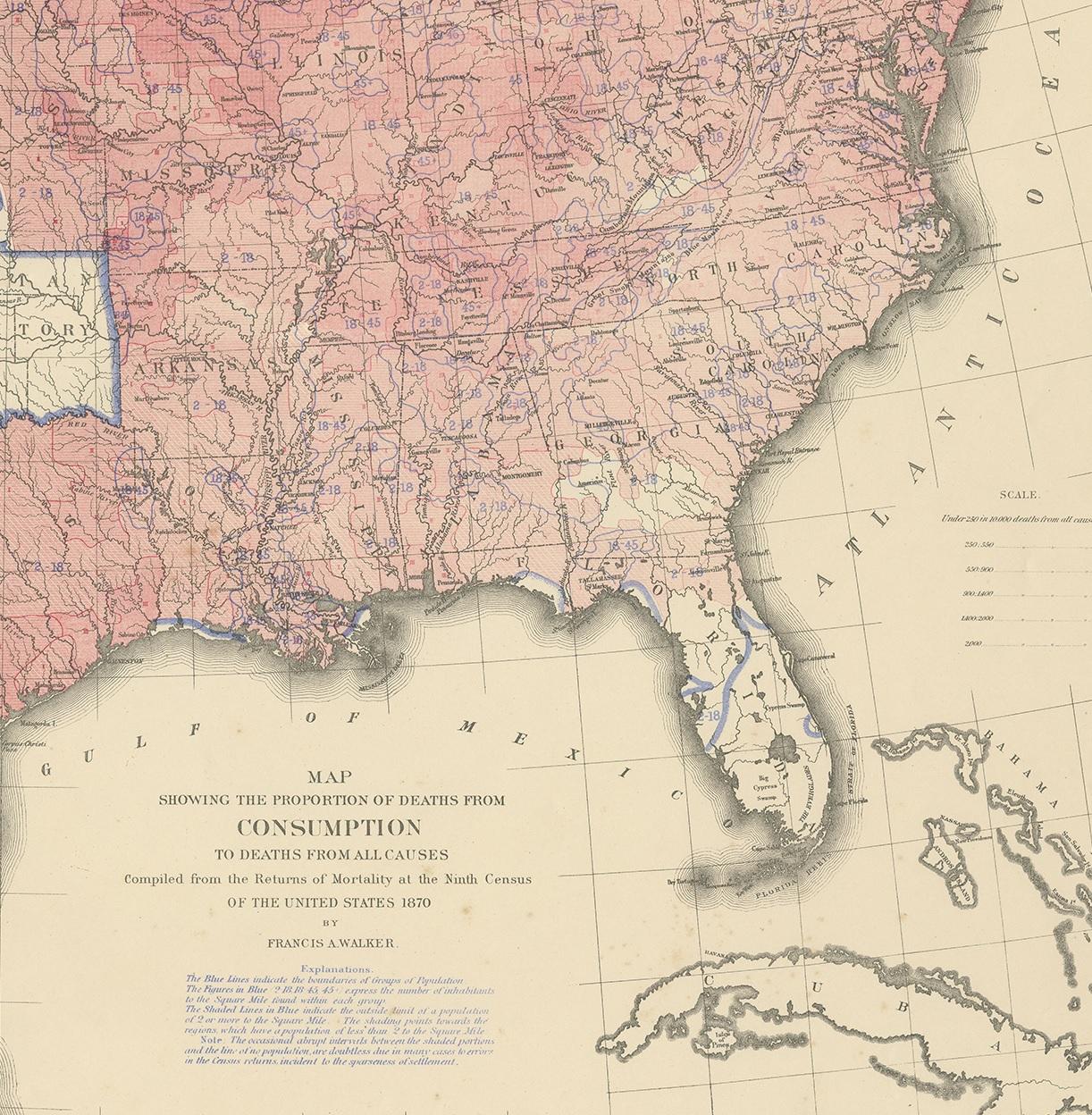 XIXe siècle Carte ancienne des morts liées à la consommation aux États-Unis, « 1874 » en vente