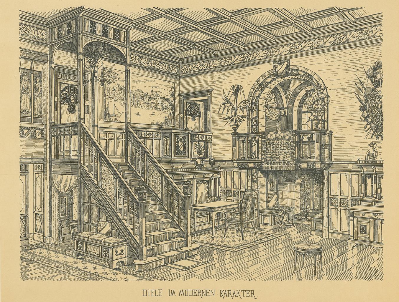 Pl. 41 Antique Print of an Antechamber by Kramer, circa 1910 In Good Condition For Sale In Langweer, NL