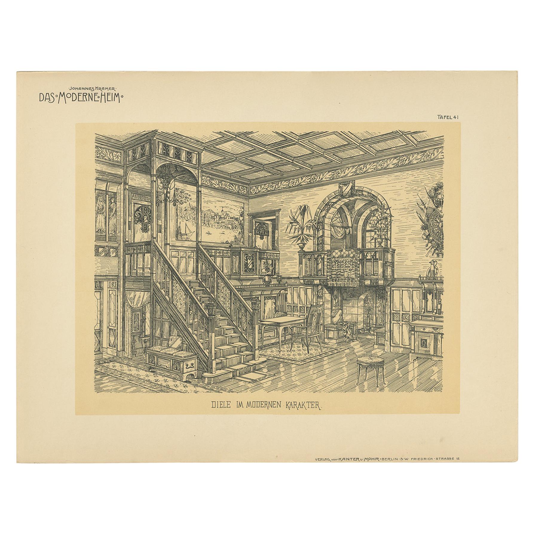 Pl. 41 Antique Print of an Antechamber by Kramer, circa 1910 For Sale