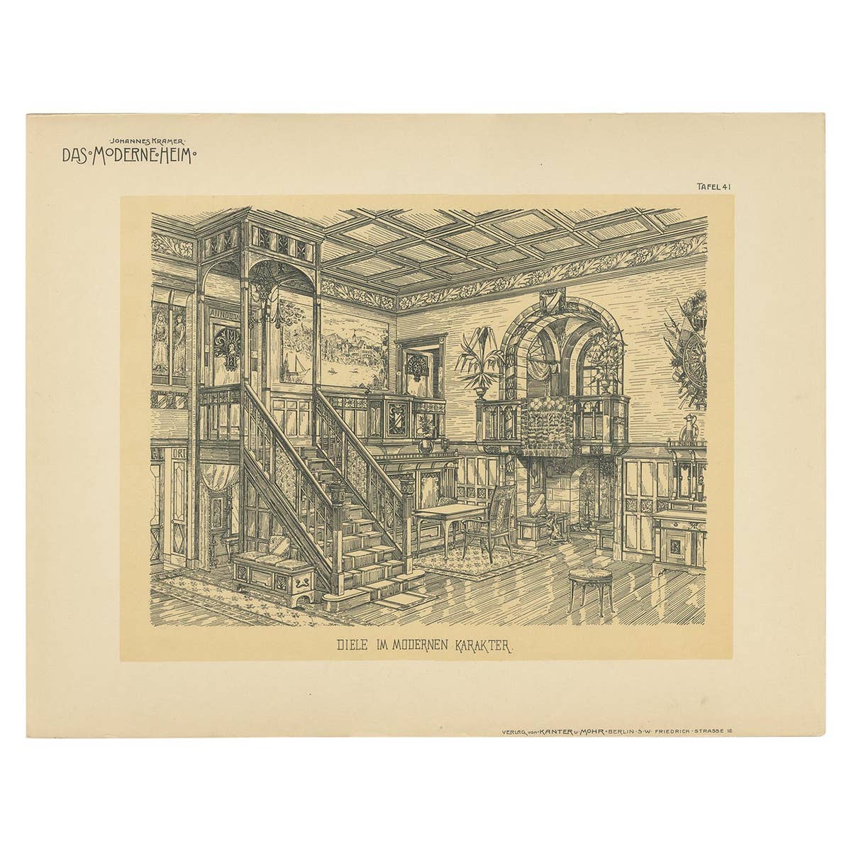 Pl. 41 Antique Print of an Antechamber by Kramer, circa 1910