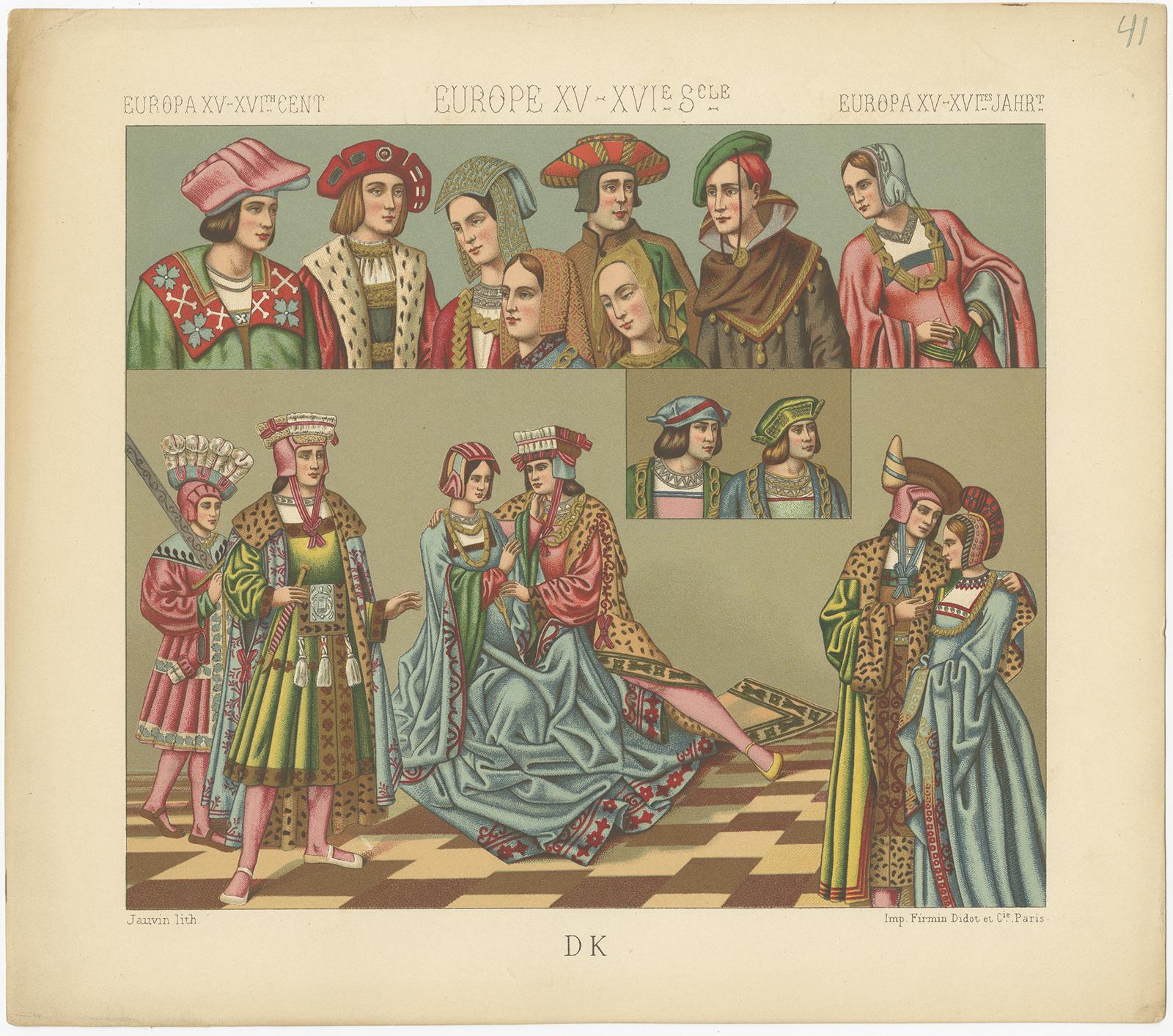 XIXe siècle Estampe ancienne Pl 41 de costumes européens du XVe au XVIe siècles par Racinet en vente