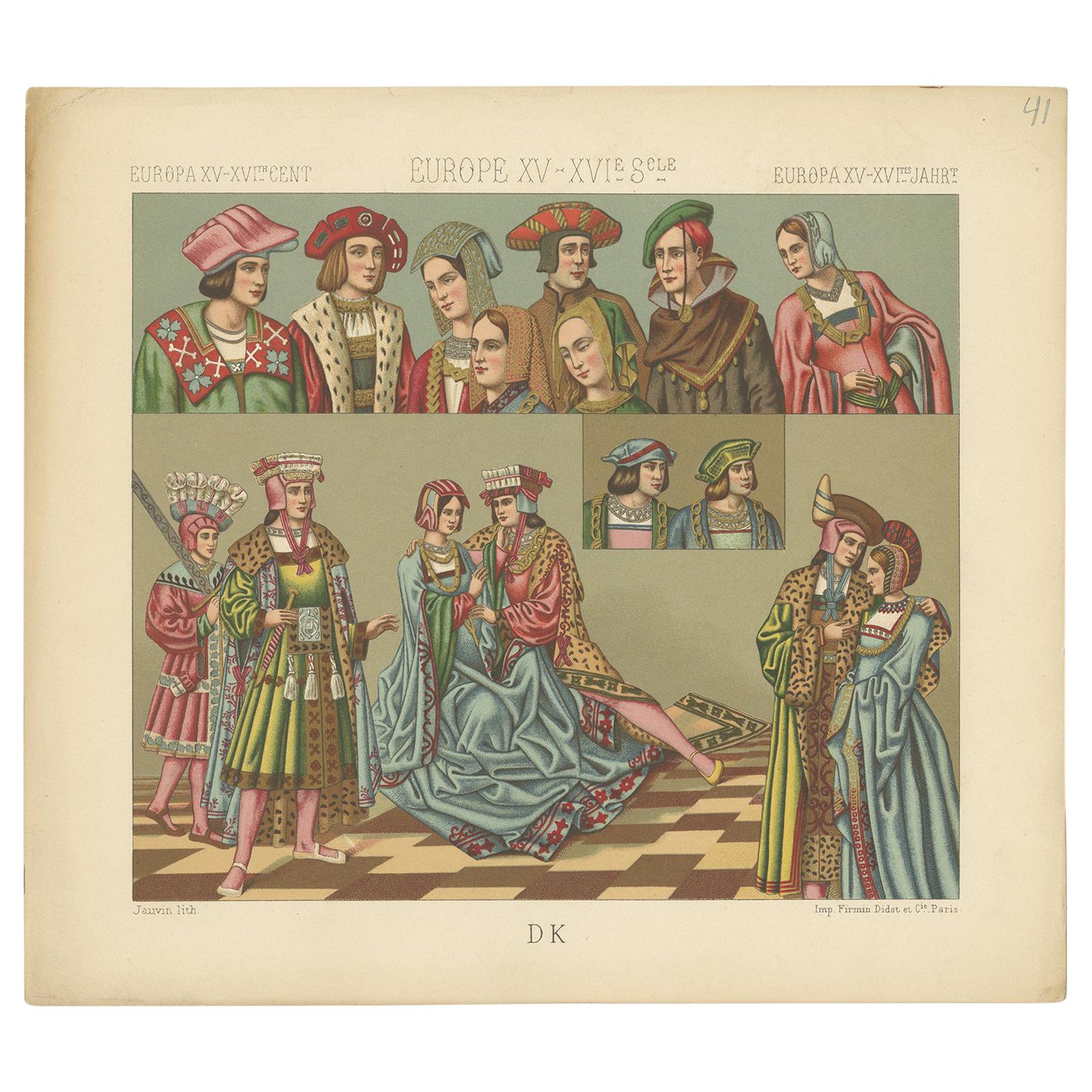 Estampe ancienne Pl 41 de costumes européens du XVe au XVIe siècles par Racinet