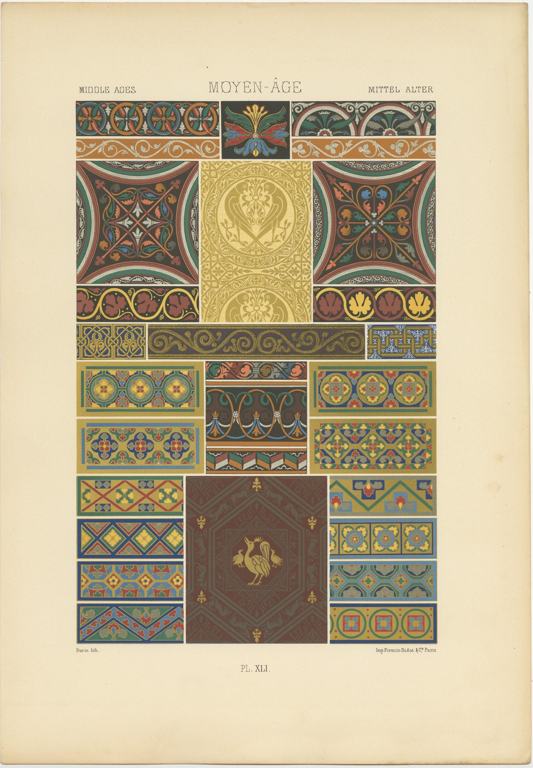 Antique print titled 'Middle Ages - Moyen Âge - Mittel Ages'. Chromolithograph of Middle Ages ornaments and decorative arts. This print originates from 'l'Ornement Polychrome' by Auguste Racinet. Published circa 1890.