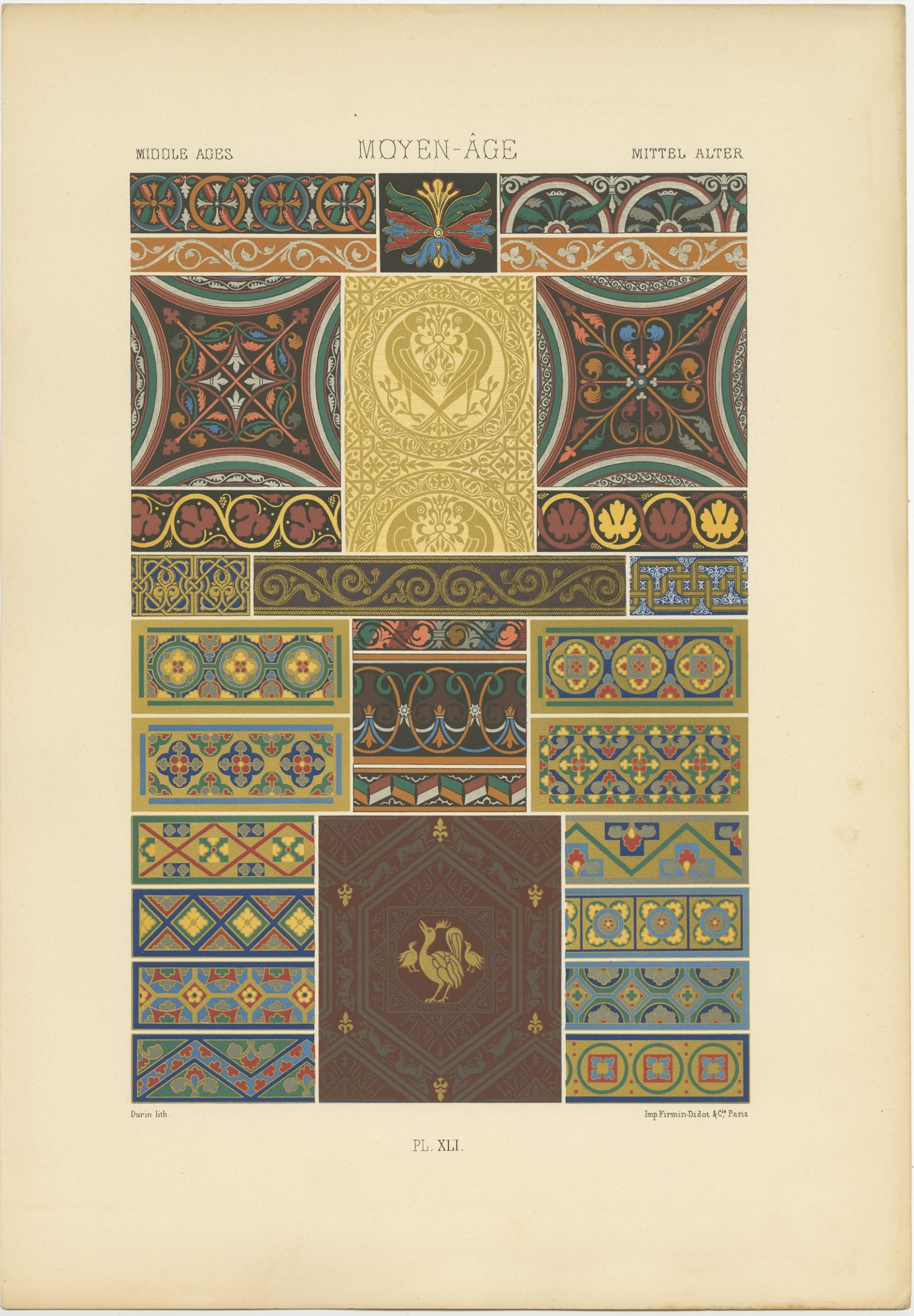 XIXe siècle Pl. 41 Impression ancienne d'ornements du Moyen Âge par Racinet (vers 1890) en vente