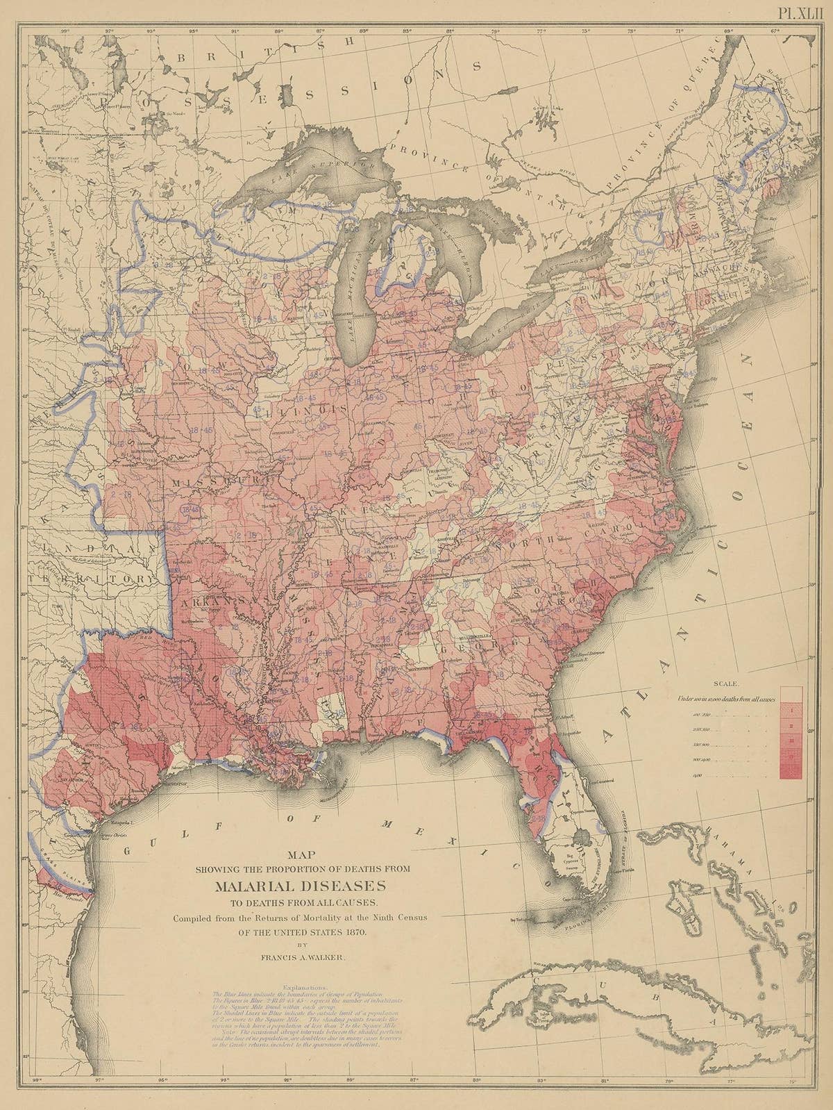 Antique Chart of the US Malarial Deaths, '1874'