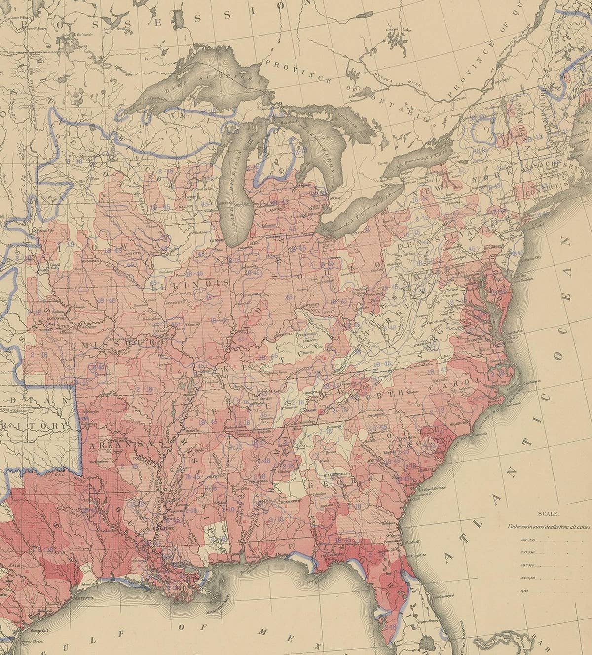 Antique Chart of the US Malarial Deaths, '1874'