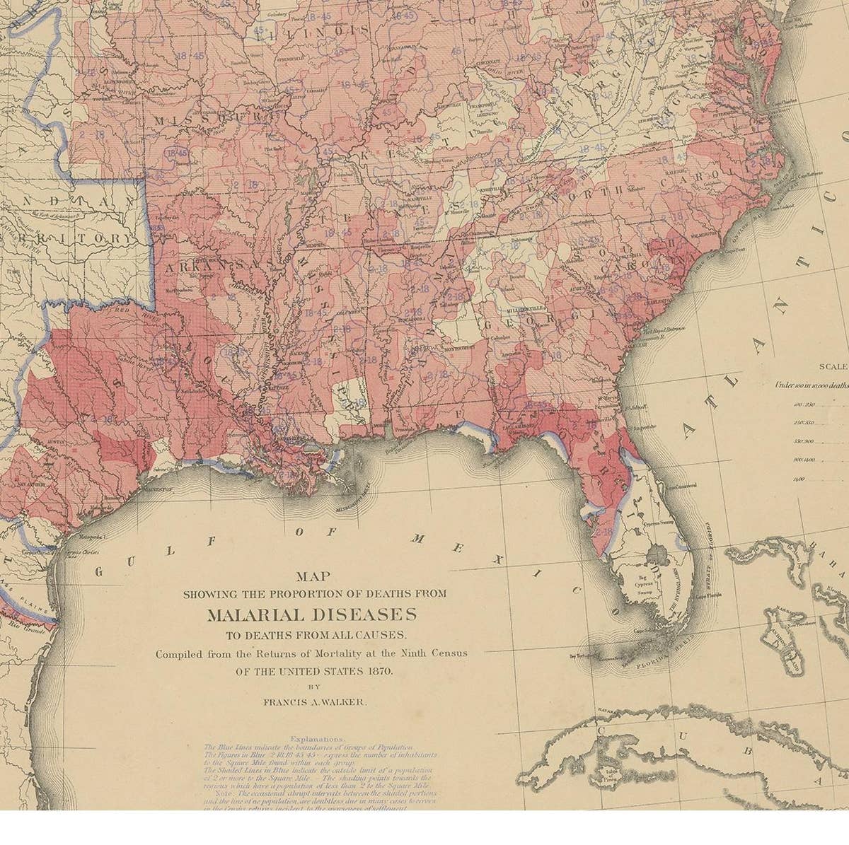Antique Chart of the US Malarial Deaths, '1874'