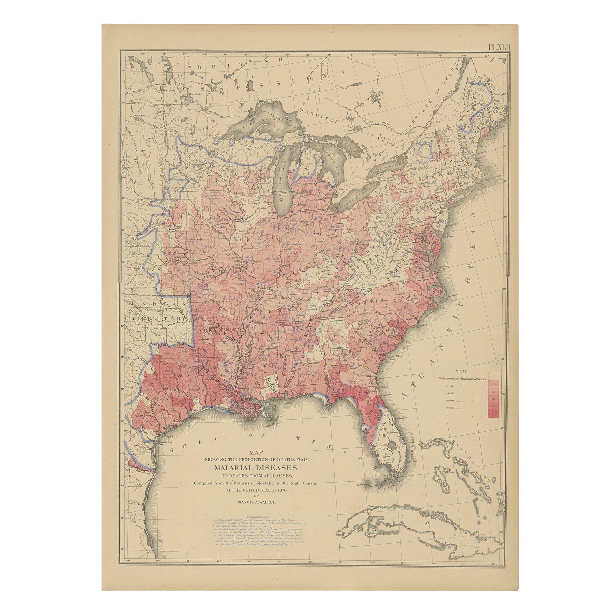 Antique Chart of the US Malarial Deaths, '1874' For Sale