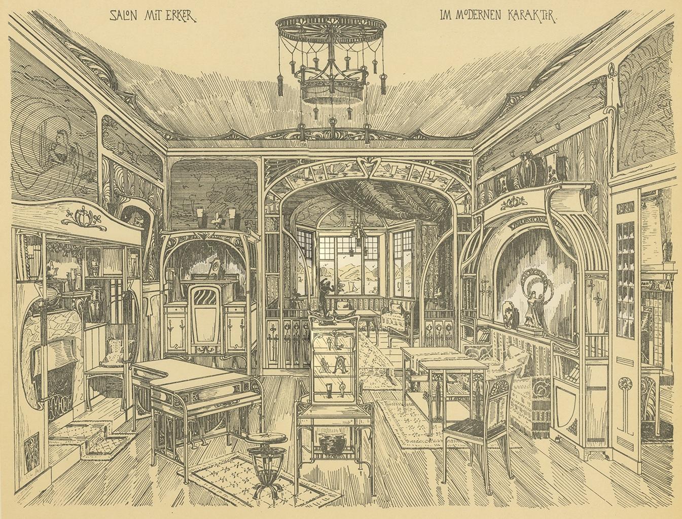 20th Century Antique Print of a Salon with Bay Window, circa 1910 For Sale