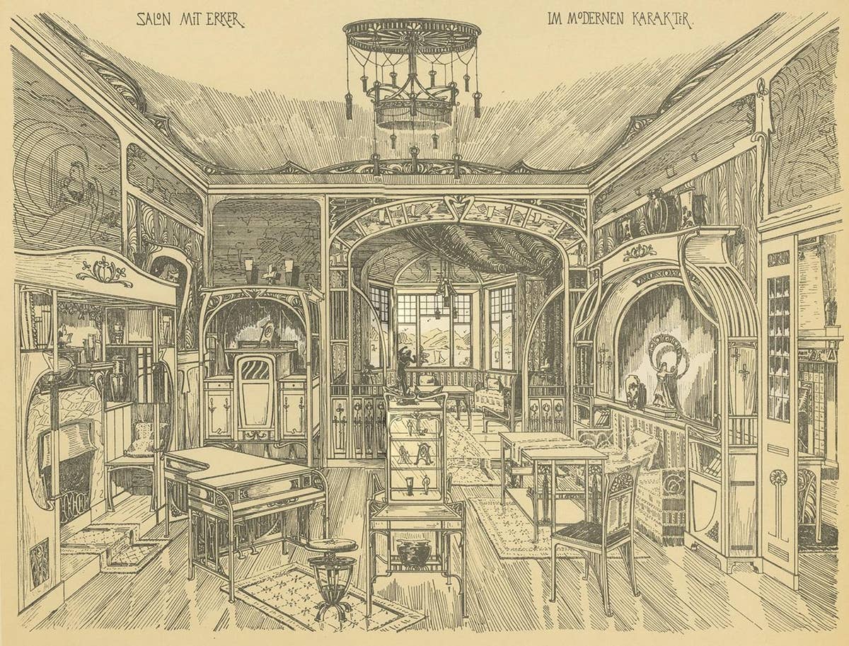 Antique Print of a Salon with Bay Window, circa 1910