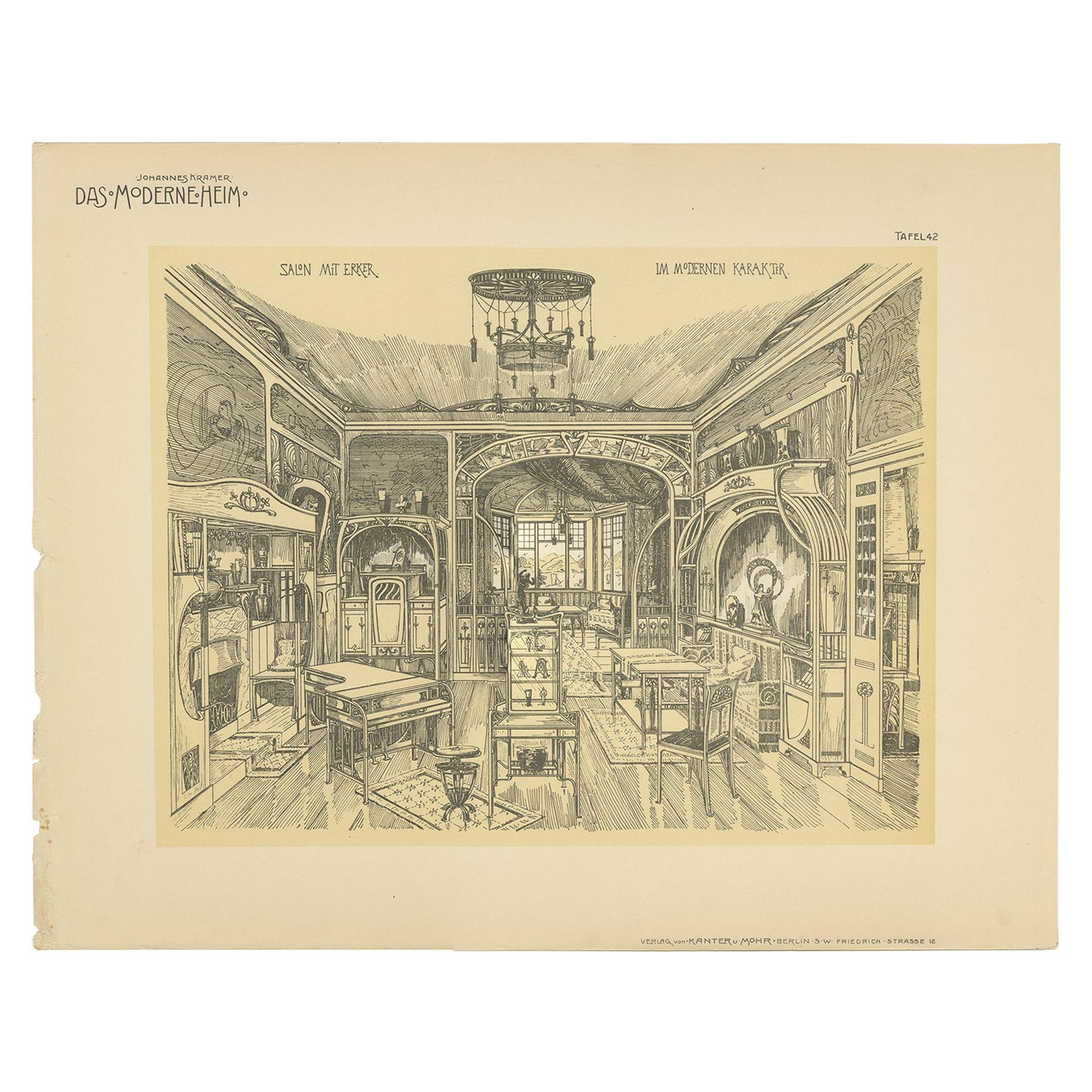 Antique Print of a Salon with Bay Window, circa 1910 For Sale