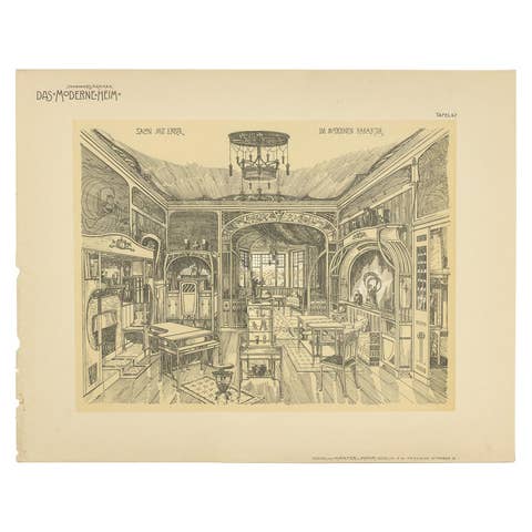 Antique Print of a Salon with Bay Window, circa 1910