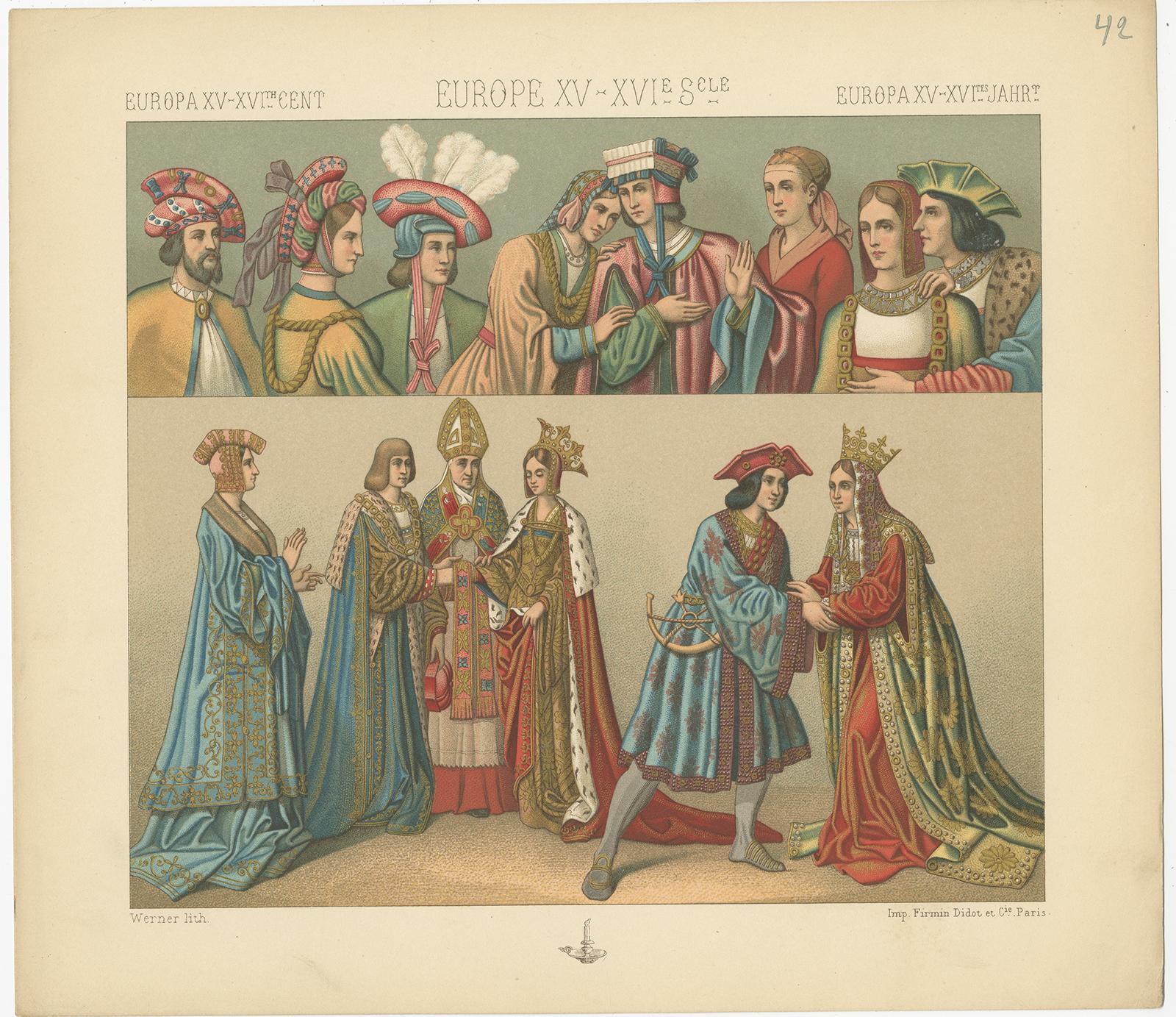 XIXe siècle Impression ancienne Pl 42 de costumes européens du XVe au XVIe siècles par Racinet en vente