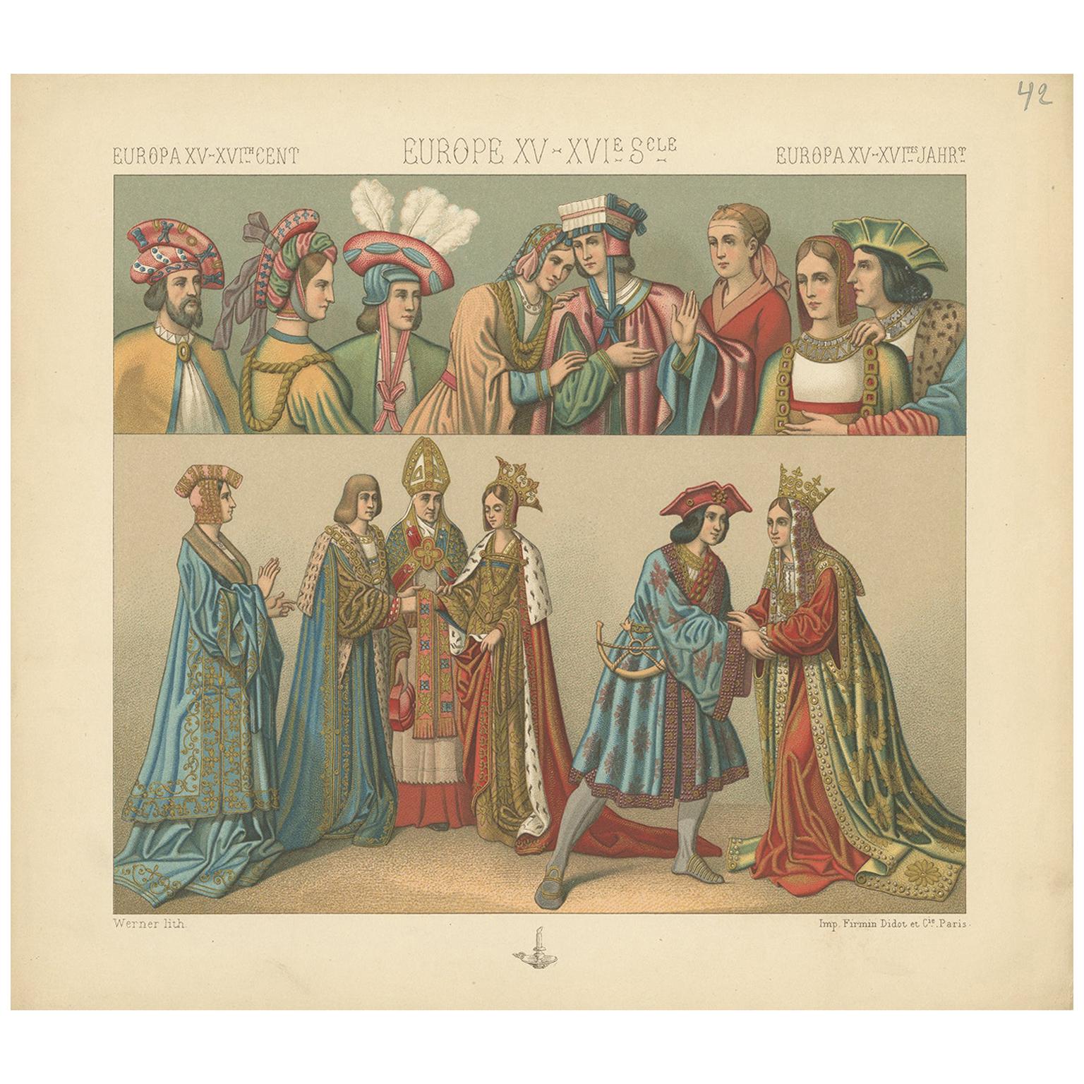 Impression ancienne Pl 42 de costumes européens du XVe au XVIe siècles par Racinet