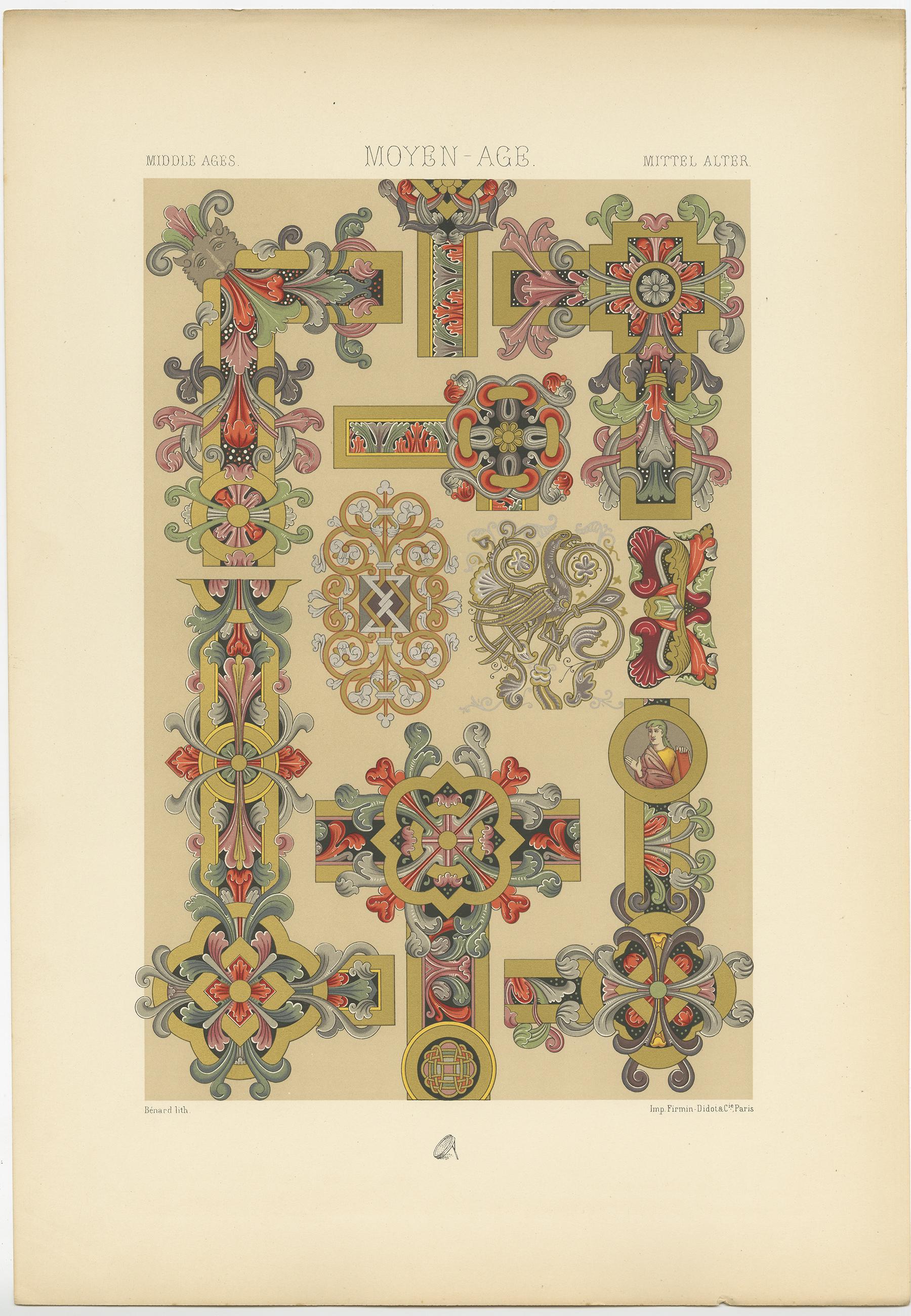 Paper Antique Print of Middle Ages Frames and Ornaments, circa 1890 For Sale