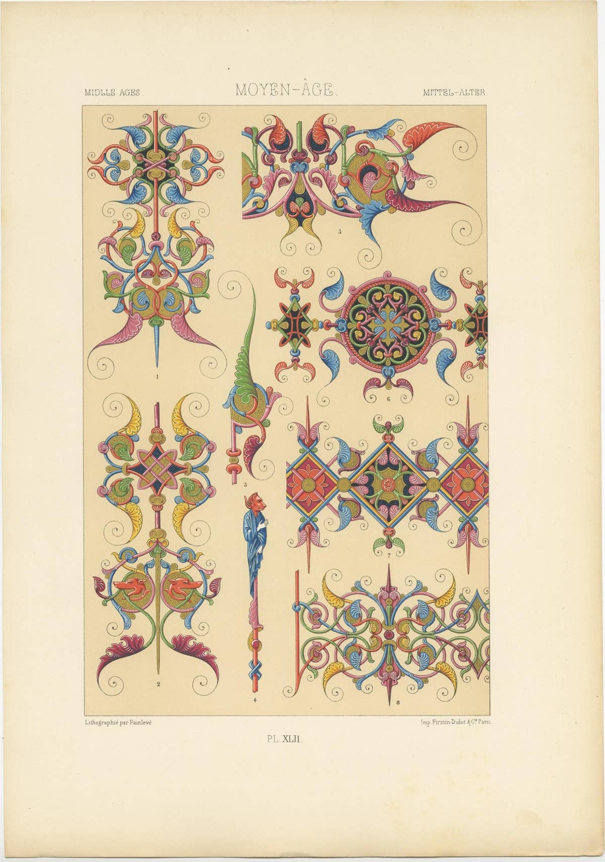 Pl. 42 Antique Print of Middle Ages Ornaments by Racinet, circa 1890
