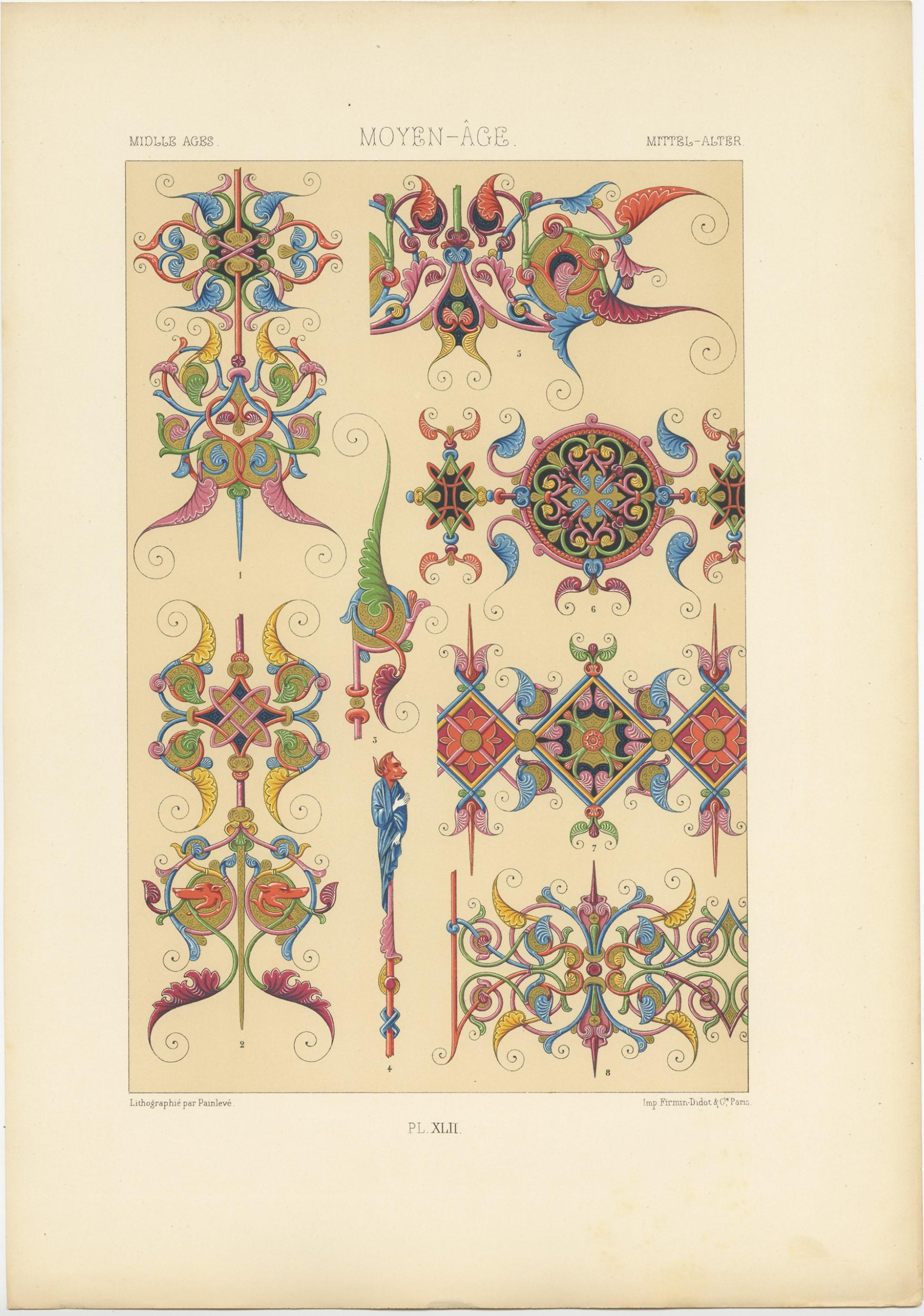 Pl. 42 Antique Print of Middle Ages Ornaments by Racinet, circa 1890 In Good Condition For Sale In Langweer, NL
