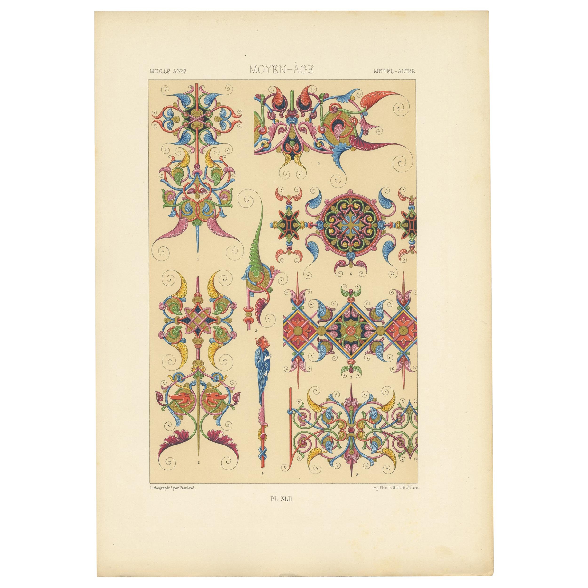 Pl. 42 Antique Print of Middle Ages Ornaments by Racinet, circa 1890 For Sale