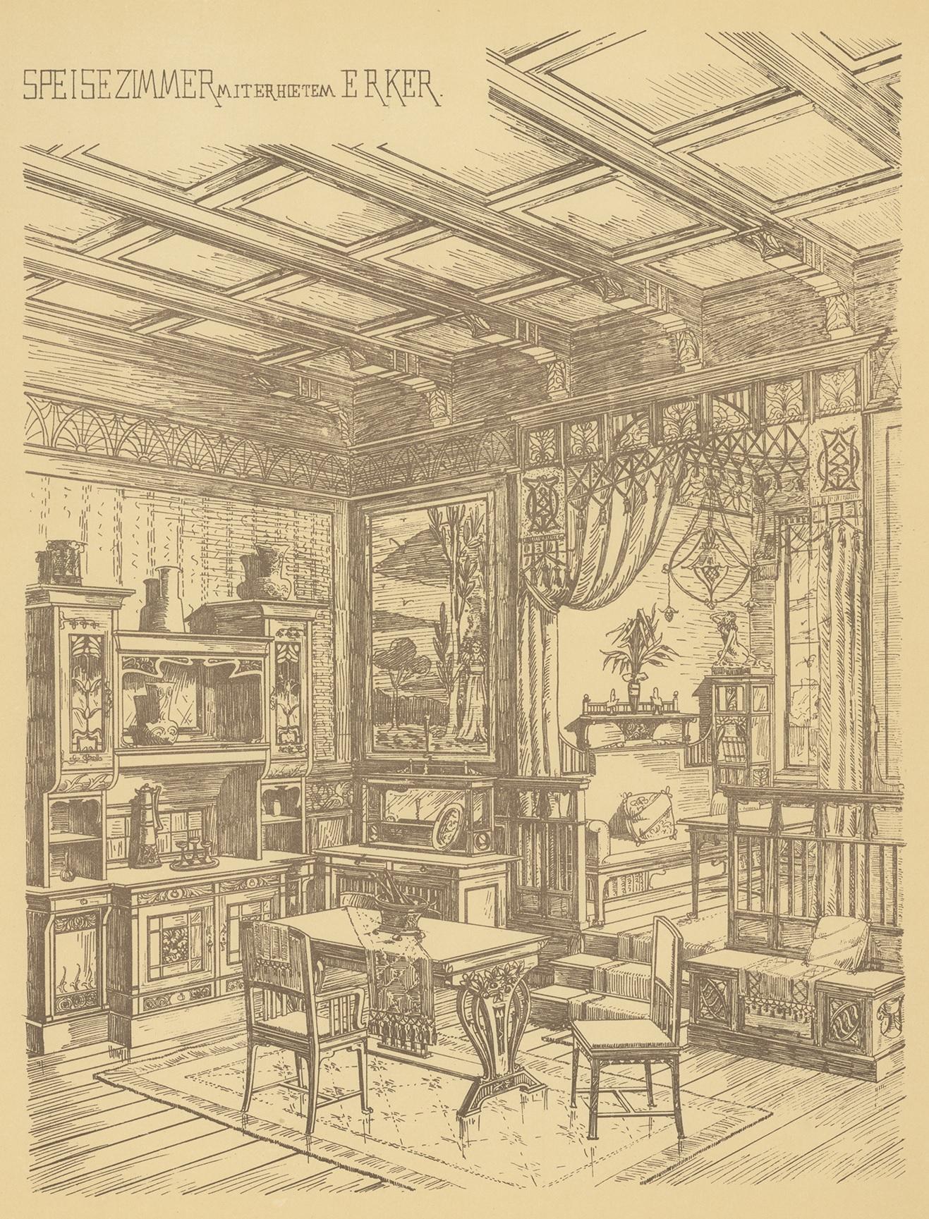 Antique print titled 'Speisezimmer mit erhietem Erker'. Lithograph of a dining room with bay window. This print originates from 'Det Moderna Hemmet' by Johannes Kramer. Published by Ferdinand Hey'l, circa 1910.