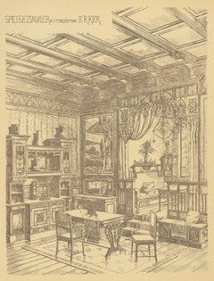 Pl. 43 Antique Print of a Dining Room with Bay Window by Kramer, circa 1910