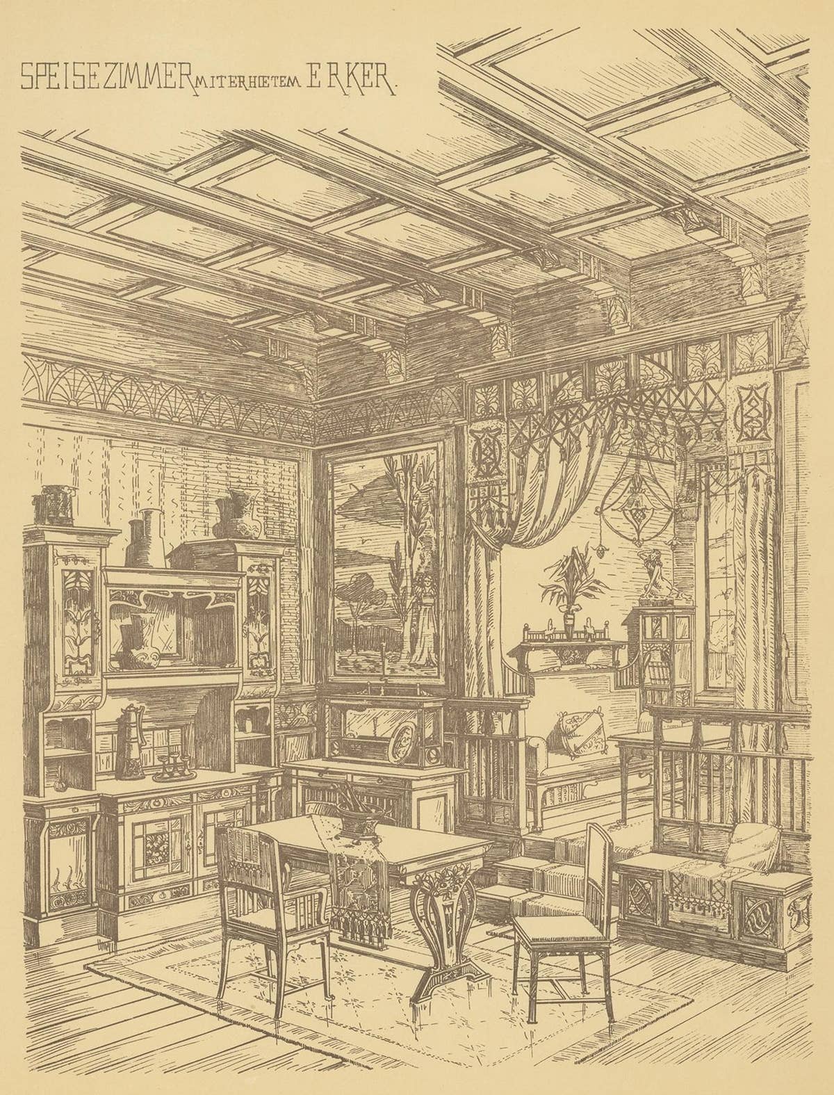 Pl. 43 Antique Print of a Dining Room with Bay Window by Kramer, circa 1910