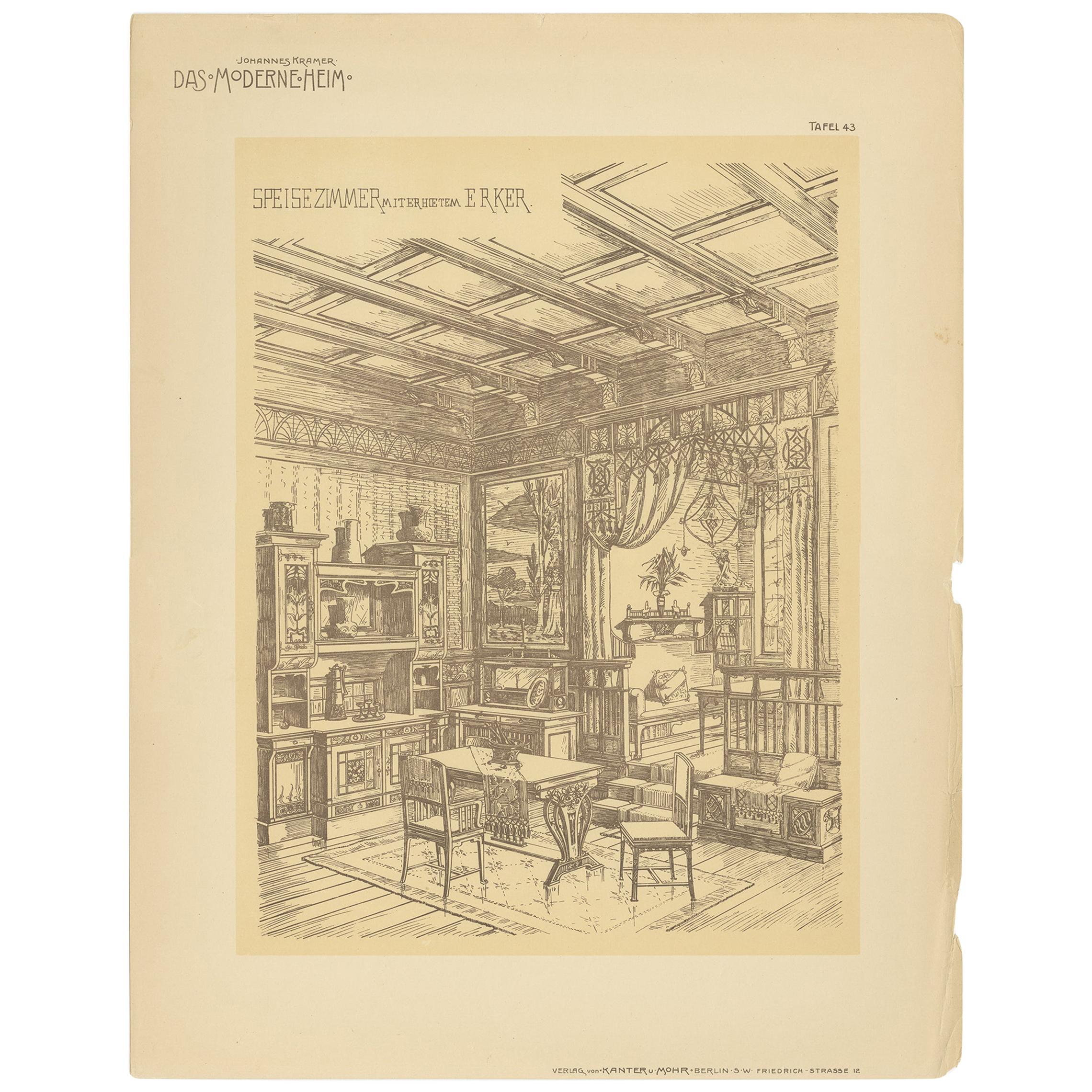 Pl. 43 Antique Print of a Dining Room with Bay Window by Kramer, circa 1910 For Sale