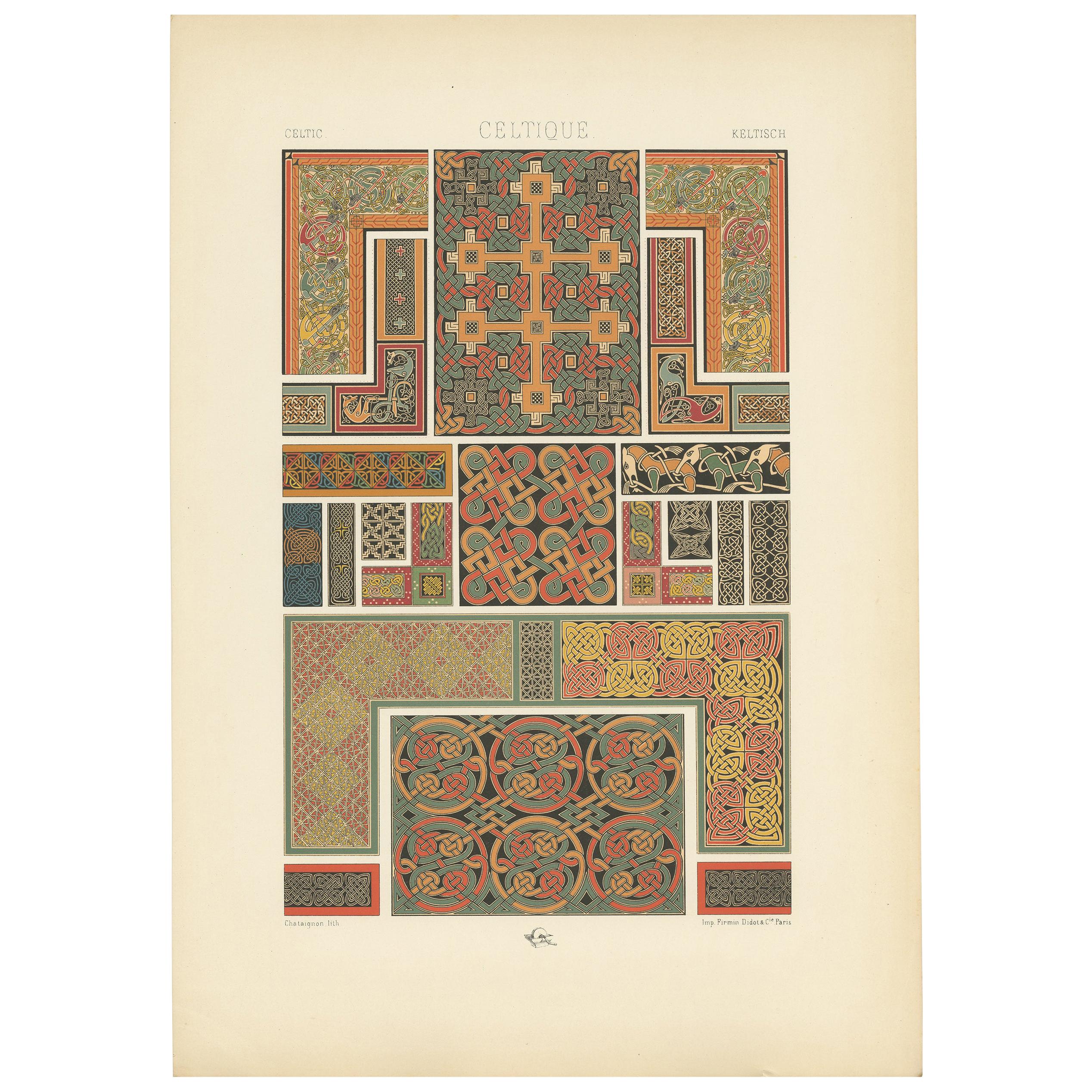 Pl. 43 Antiker Druck von "Celtic""-Intarsienverzierungen von Racinet, um 1890