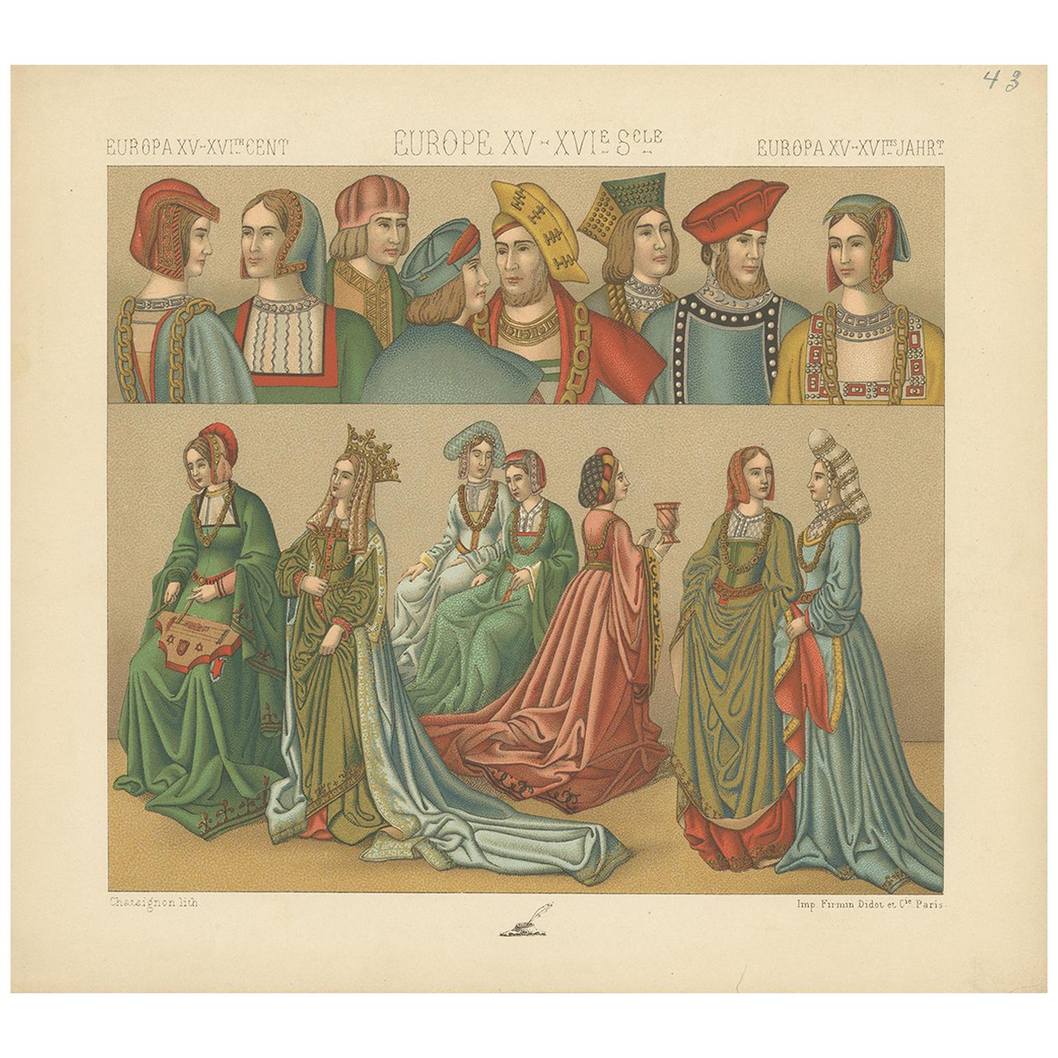 Pl. 43 Antique Print of European 15th-16th Century Costumes, Racinet, circa 1880 For Sale
