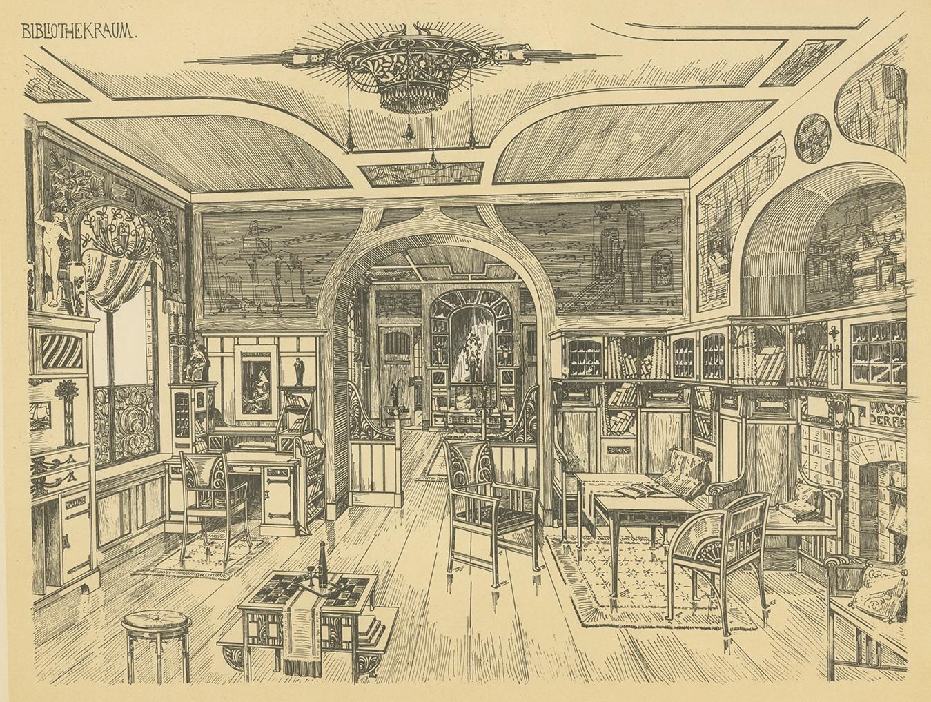 Antique print titled 'Bibliothekraum'. 

Lithograph of a library. This print originates from 'Det Moderna Hemmet' by Johannes Kramer. Published by Ferdinand Hey'l, circa 1910.