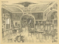Decorative Antique Print of a Library, Published circa 1910