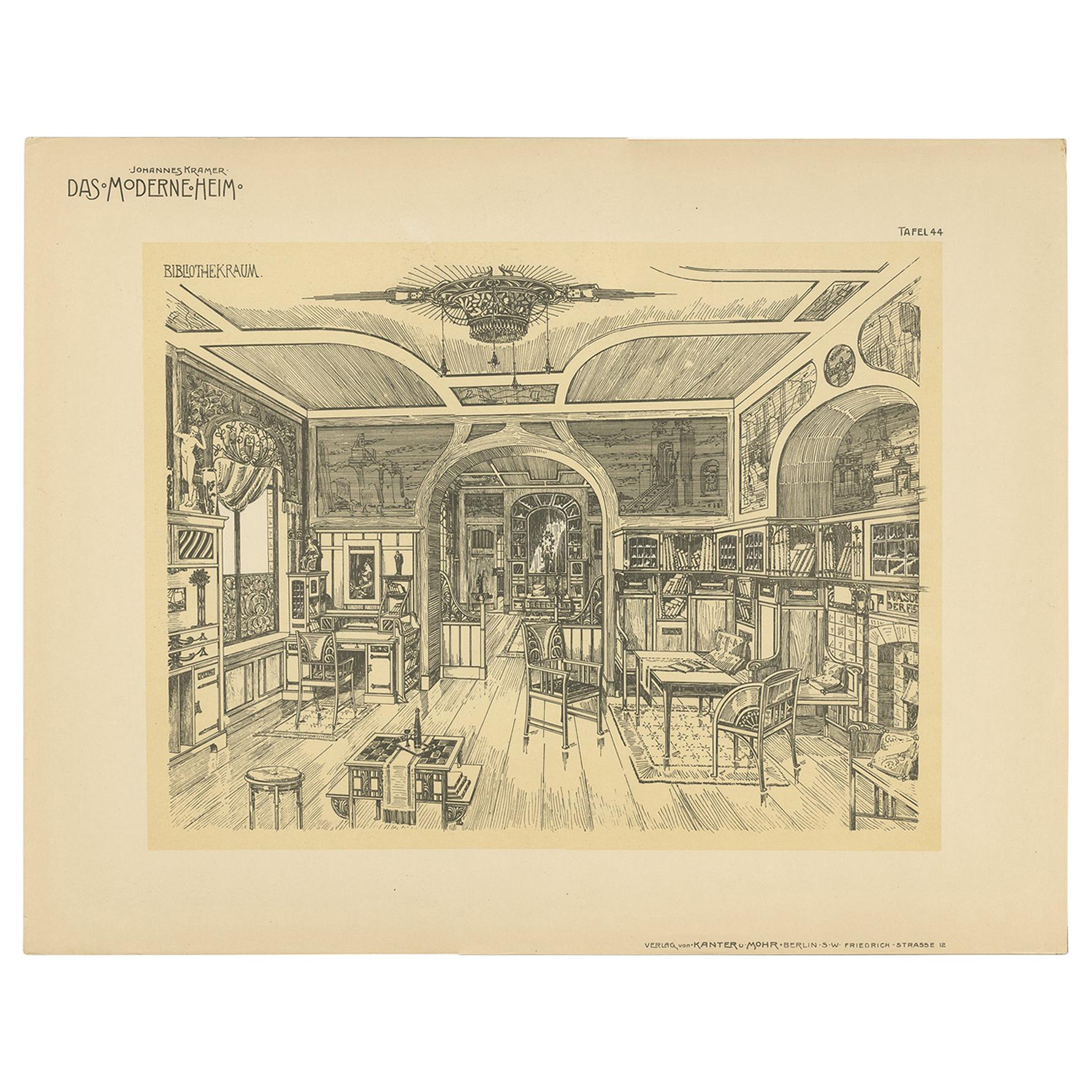 Grabado antiguo decorativo de una biblioteca, publicado hacia 1910