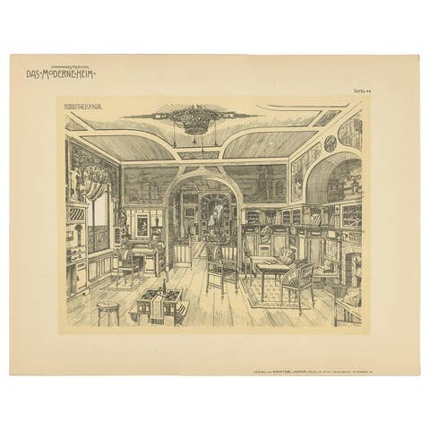 Decorative Antique Print of a Library, Published circa 1910