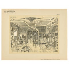 Pl. 44 Antique Print of a Library by Kramer 'circa 1910'