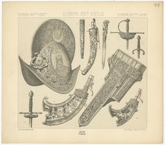 Pl 44 Antique Print of European 16th Century Armor and Weapons by Racinet