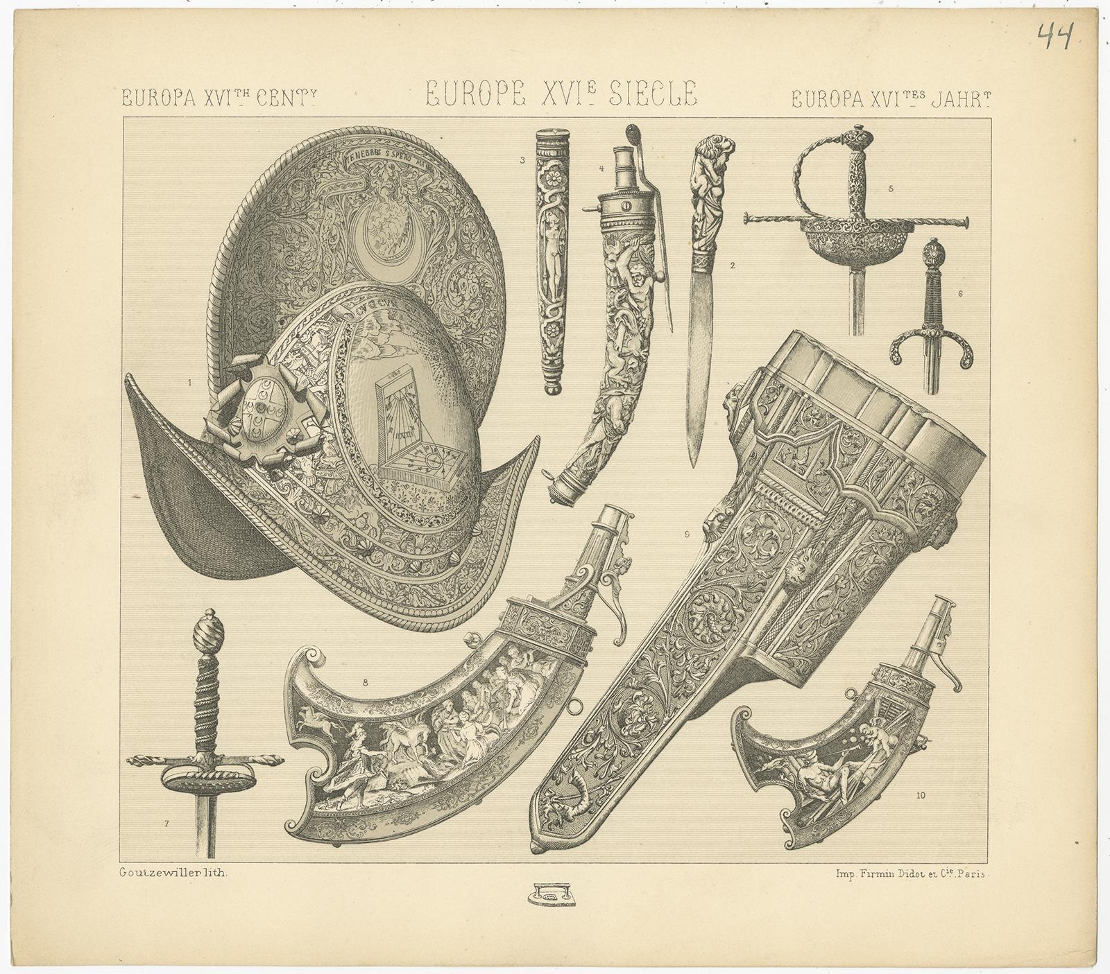 Pl 44 Grabado antiguo de armaduras y armas europeas del siglo XVI por Racinet siglo XIX en venta