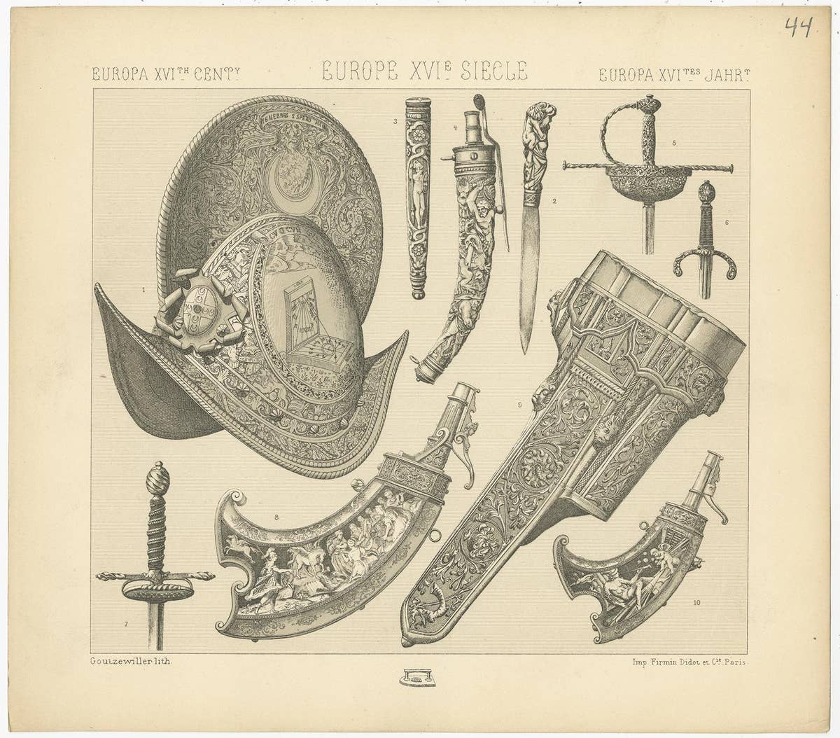 Pl 44 Antique Print of European 16th Century Armor and Weapons by Racinet