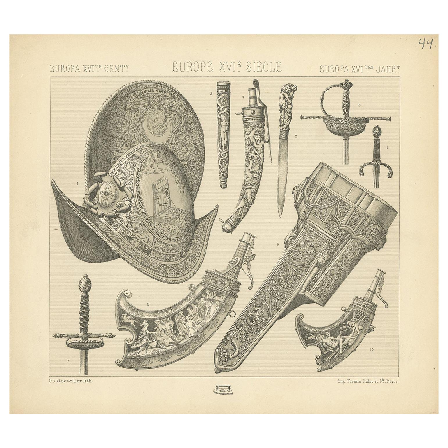 Pl 44 Grabado antiguo de armaduras y armas europeas del siglo XVI por Racinet