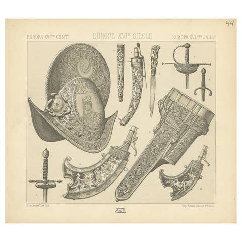 Pl 44 Antique Print of European 16th Century Armor and Weapons by Racinet