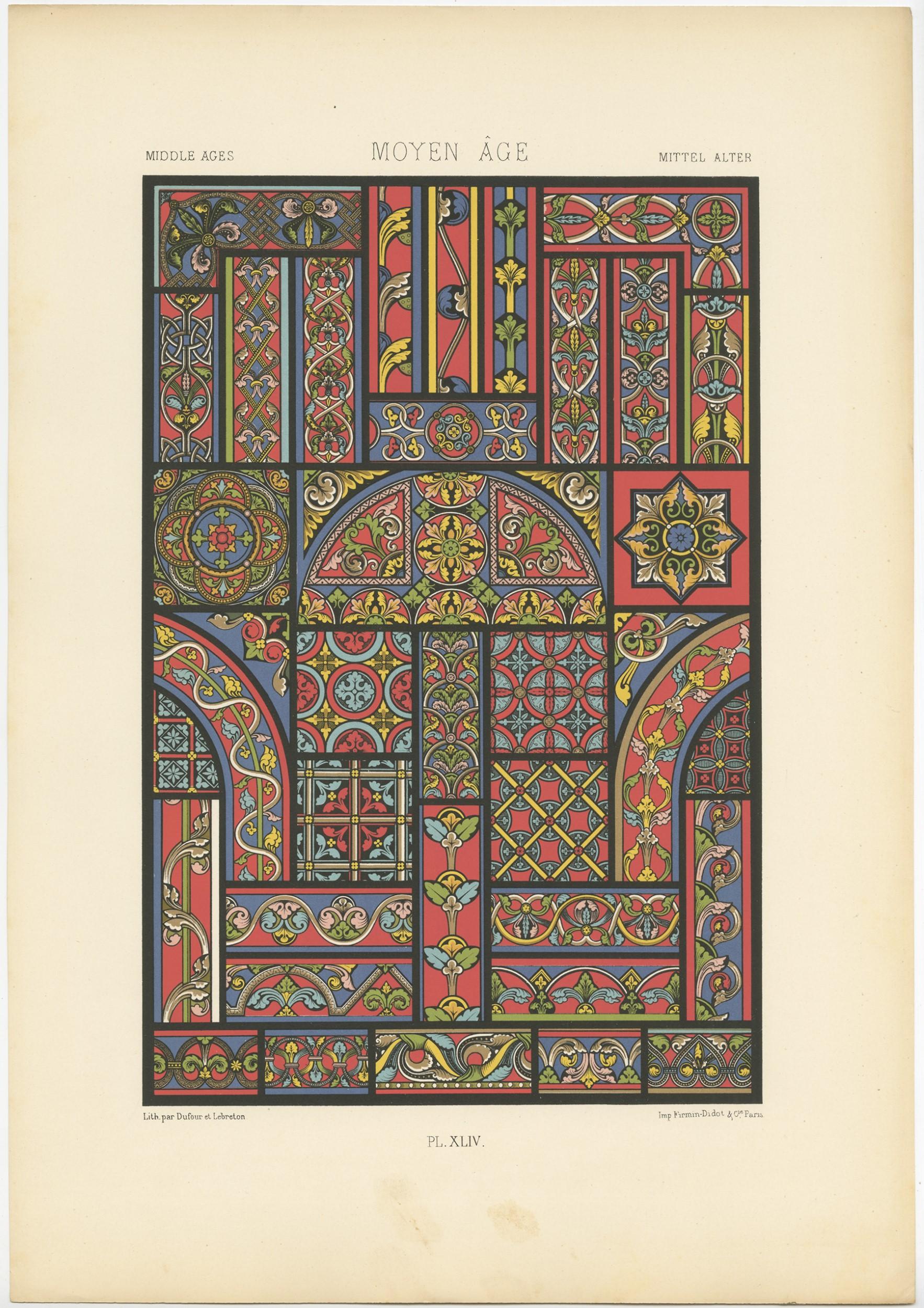 19th Century Pl. 44 Antique Print of Middle Ages Ornaments by Racinet, circa 1890 For Sale