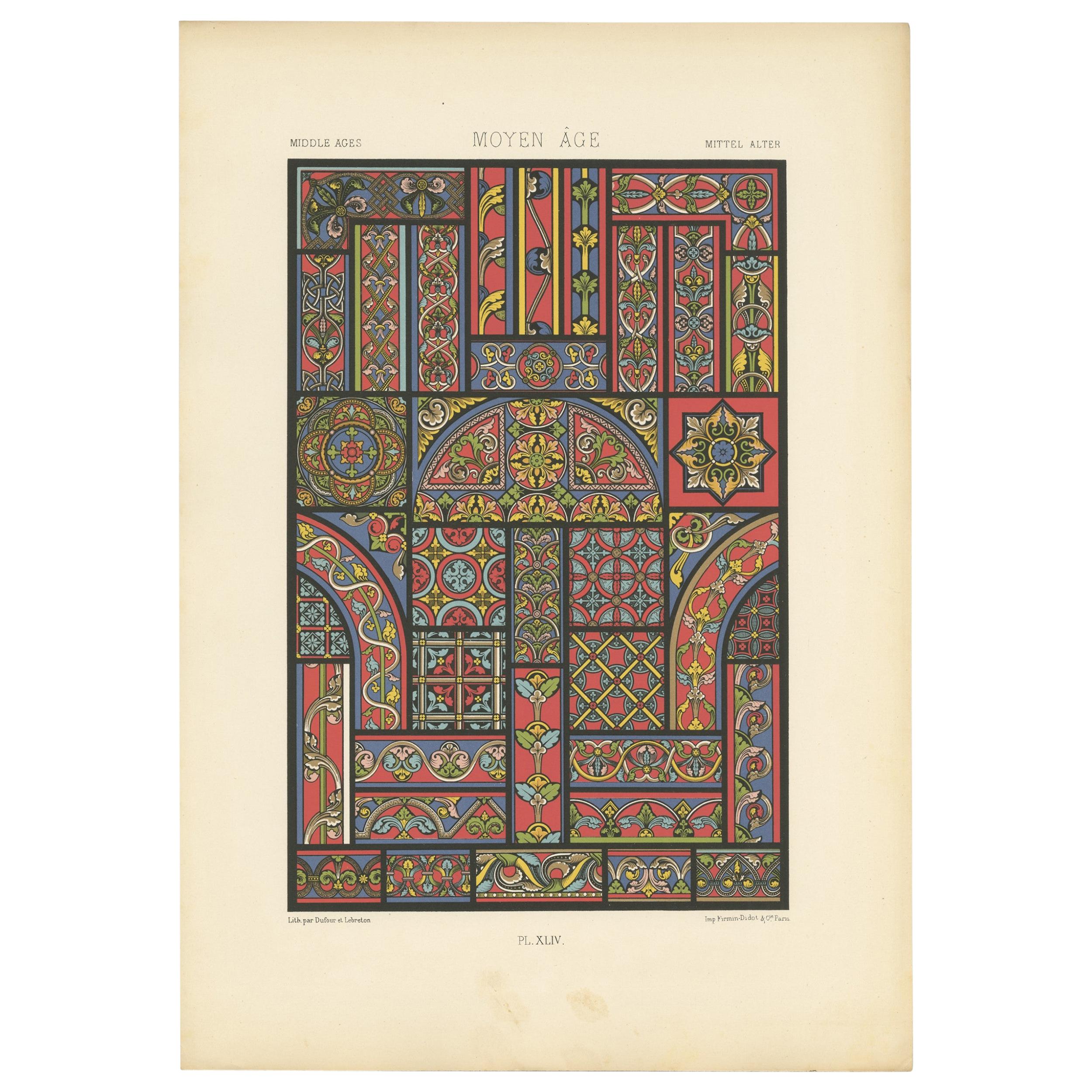 Pl. 44 Antique Print of Middle Ages Ornaments by Racinet, circa 1890 For Sale