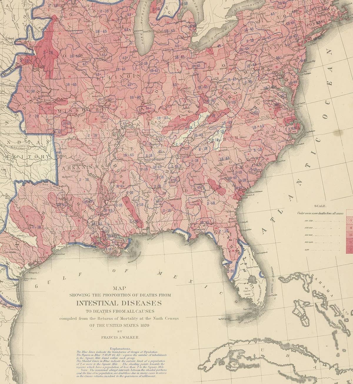 Pl. 45 Antique Chart of the US Inestinal Diseases Deaths, 1874
